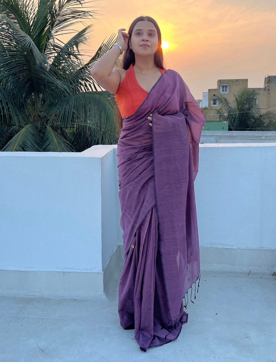 Soft and comfortable plum coloured khadi cotton saree by Shopaaem