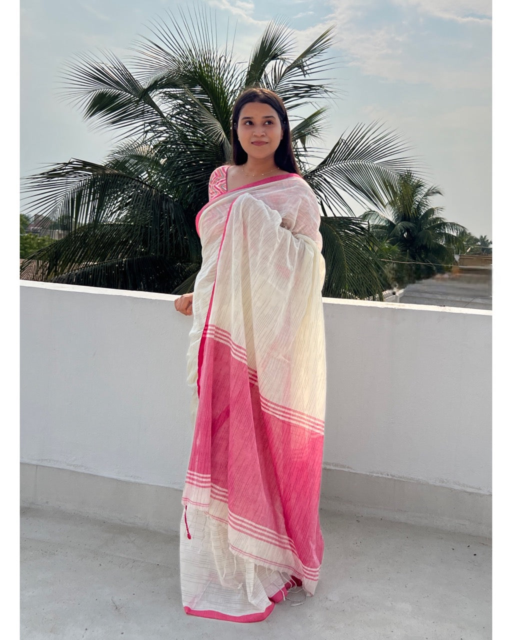 Khaadi cotton white pink saree by ShopAaMe for everyday and ethnic wear