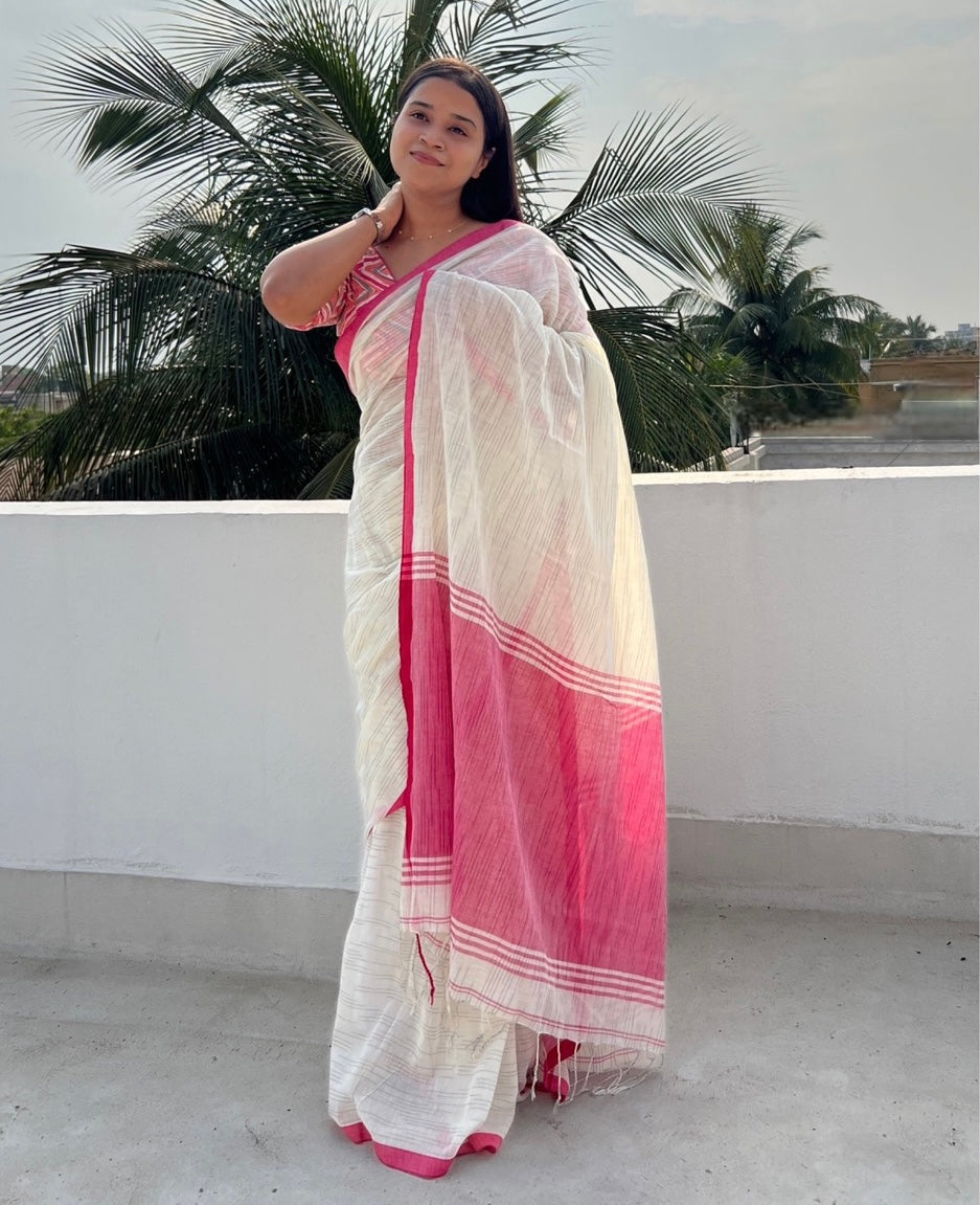 Soft and comfortable white and pink cotton saree for summer - Golaap Paare by ShopAaMe