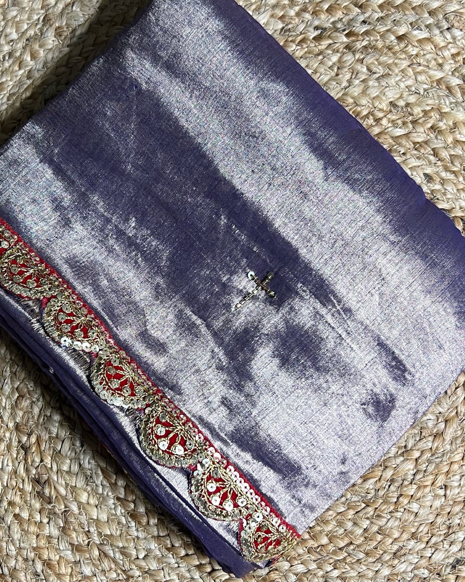 Mulmul Tissue Festive/Party Wear saree for the wedding season in violet colour with red Sari border and Zardozi work on entire saree