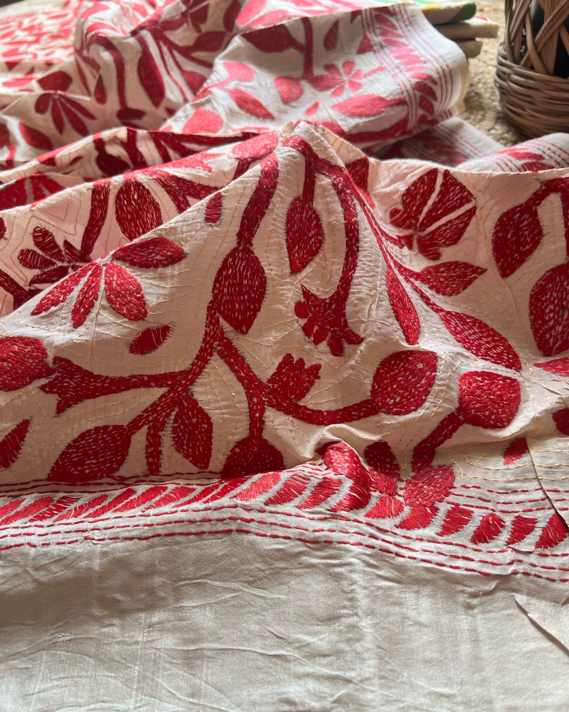 Shop AaMe Red Flora dupatta in elegant tussar fabric with floral detailing