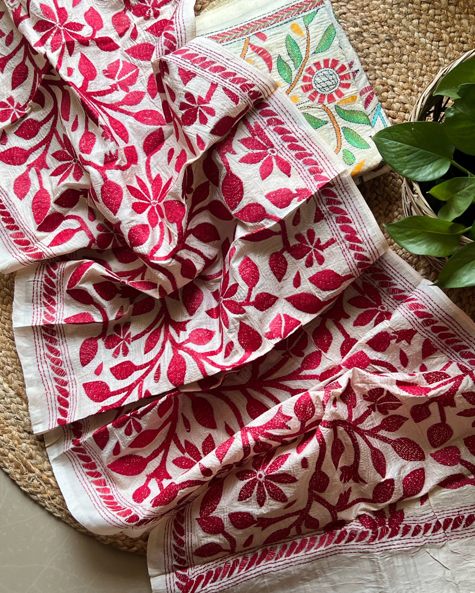 Red Flora Multicolor Tussar Dupatta by Shop AaMe