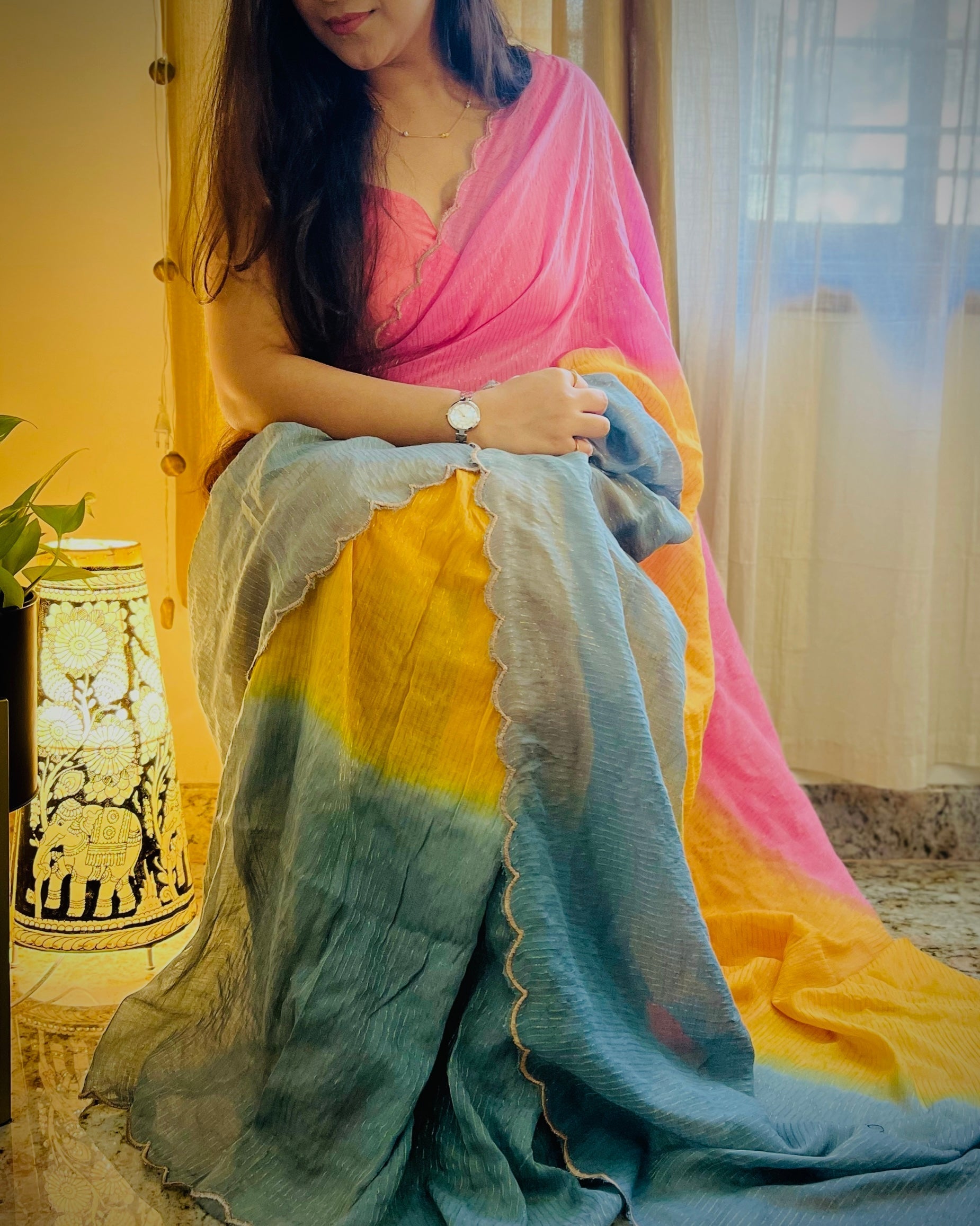 Multicoloured Mulmul Cotton Designer festive or party Saree with Zari stripes on pink yellow teal