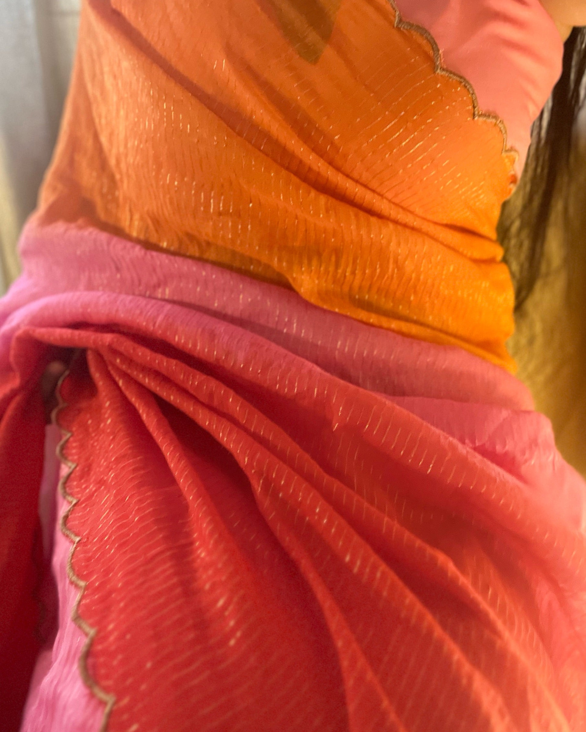 Multicoloured Mulmul Cotton Designer festive or party Saree with Zari stripes on pink orange red