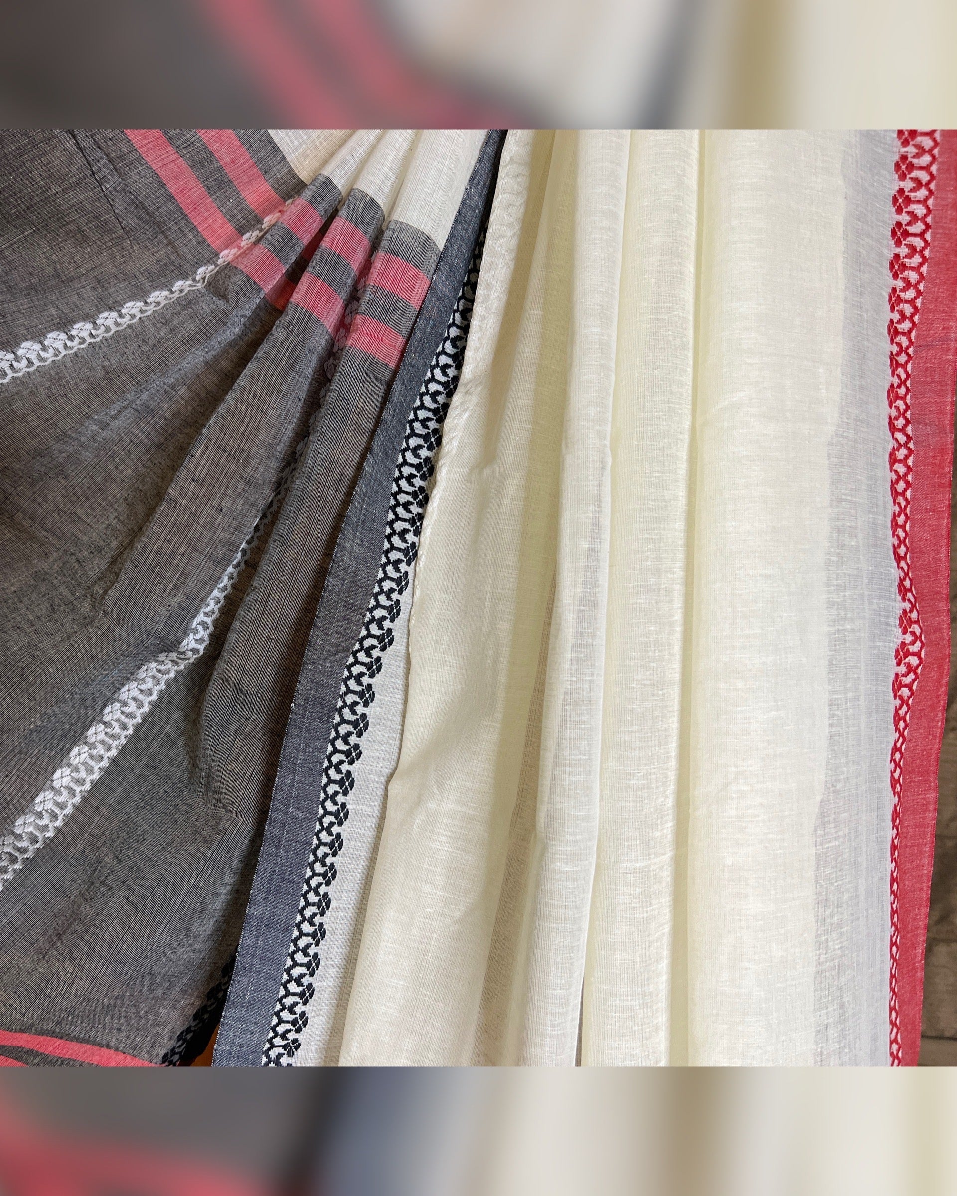 Typically Bong- white khadi cotton saree with black and red Ganga Jamuna border