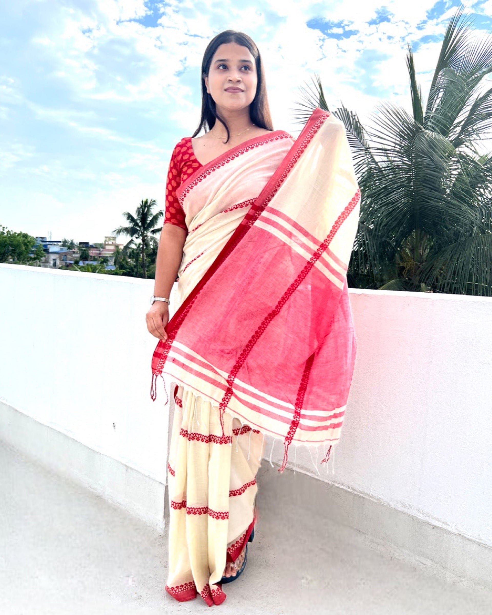 Boron Laal Pere Sada Khaadi Cotton Saree by Shop AaMe