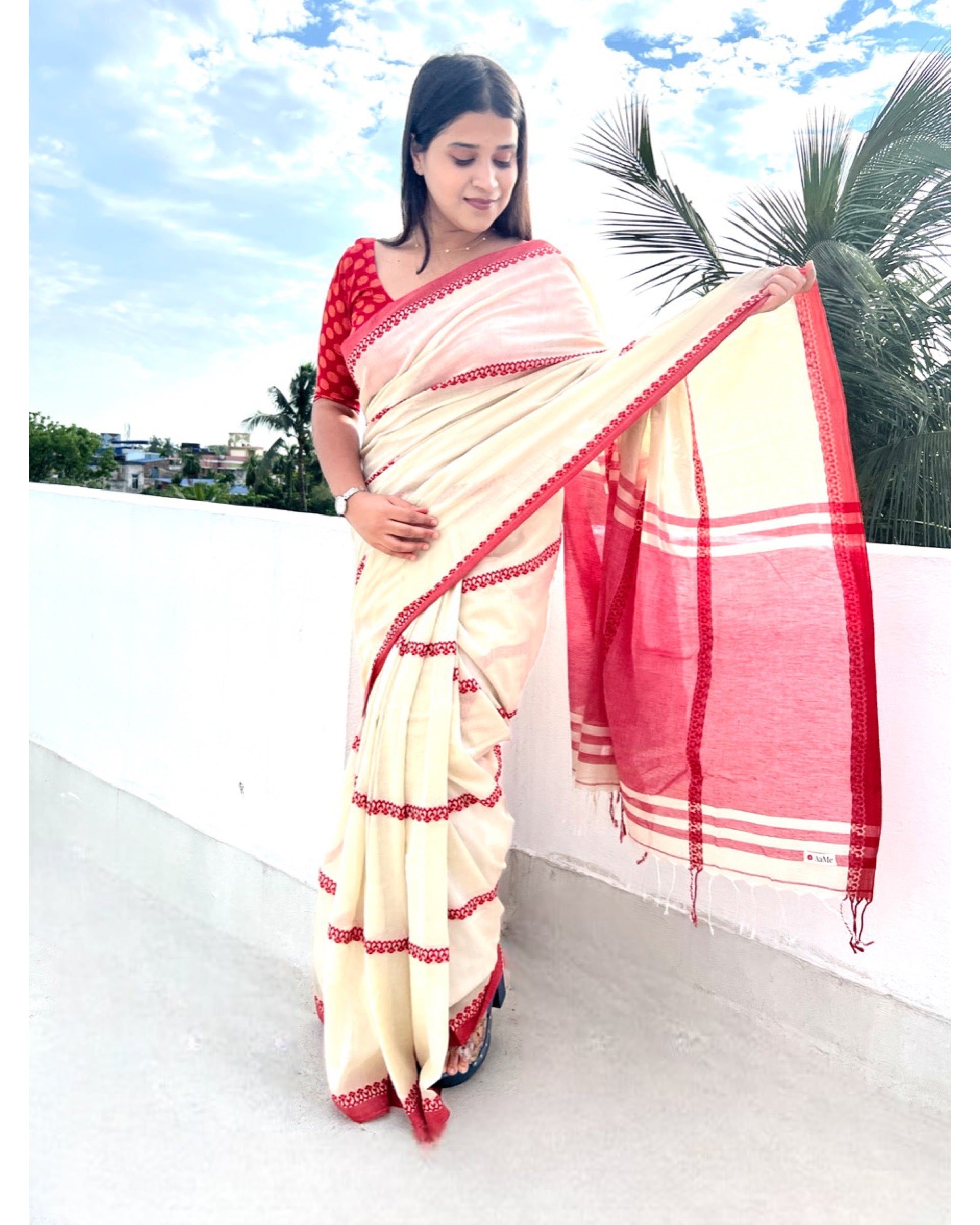 Soft and Comfortable Cream white Khadi cotton saree with Red border and patterns