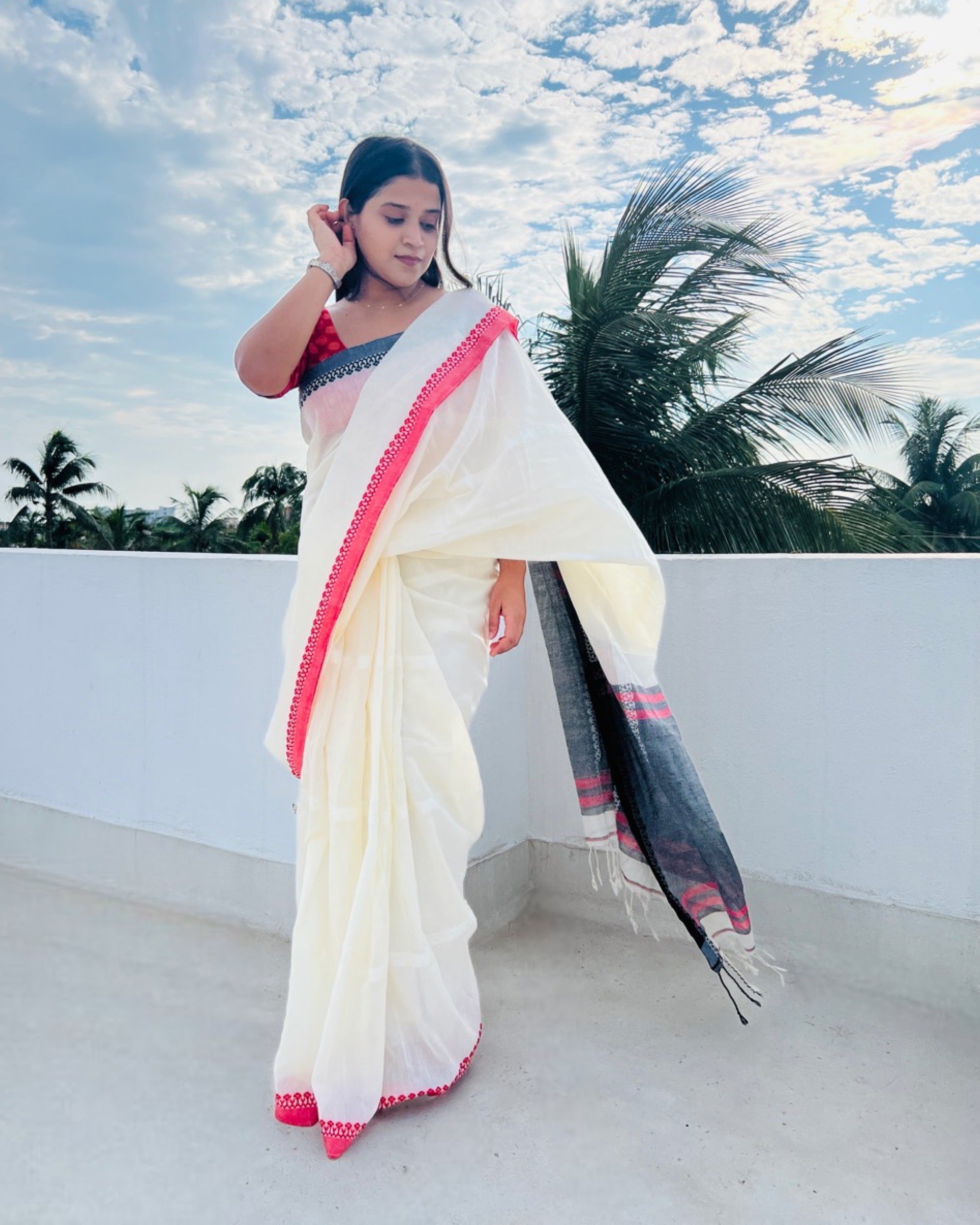 White khadi cotton saree with black and red Ganga Jamuna border named Typically Bong
