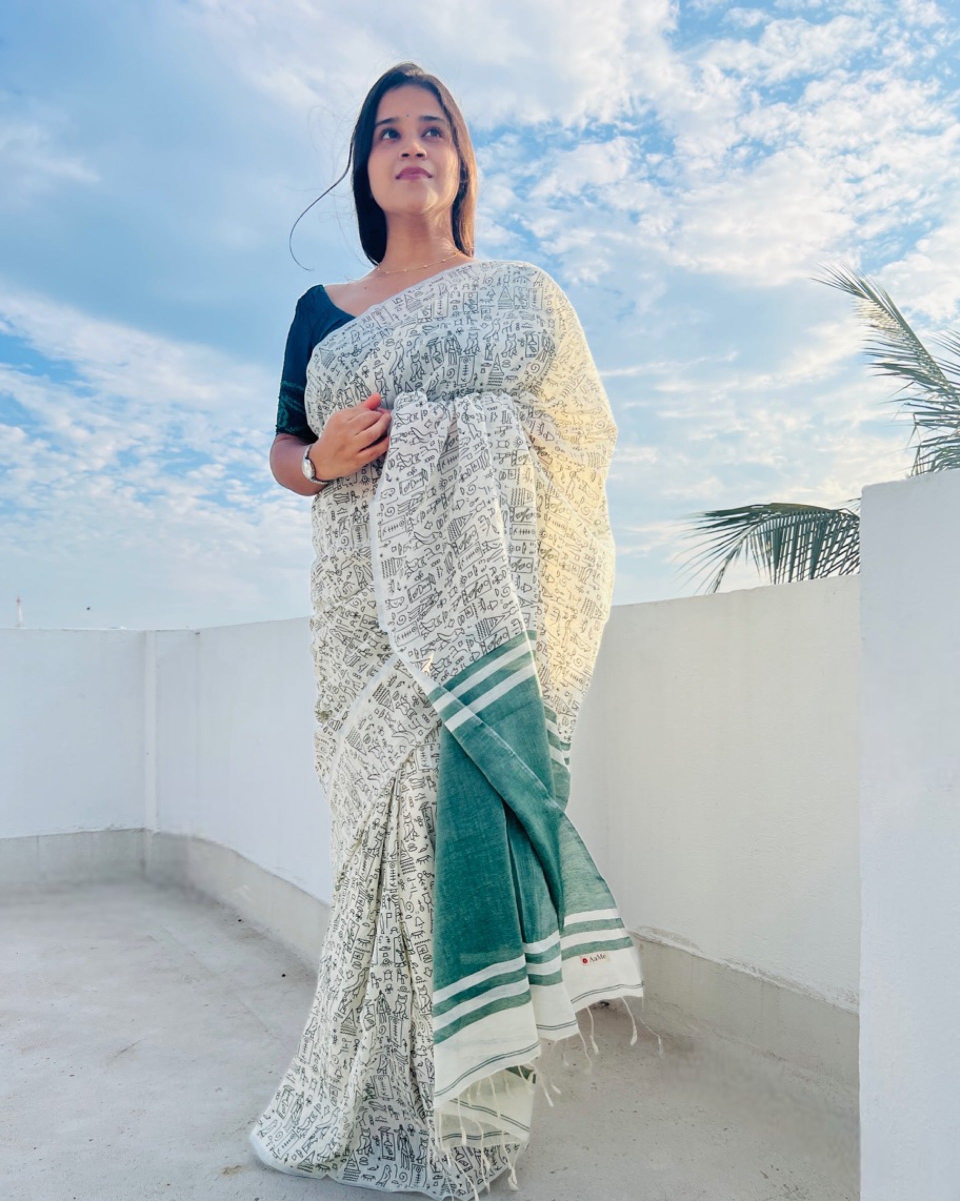 ShopAaMe Itsy Bitsy Green saree in soft green khaadi cotton