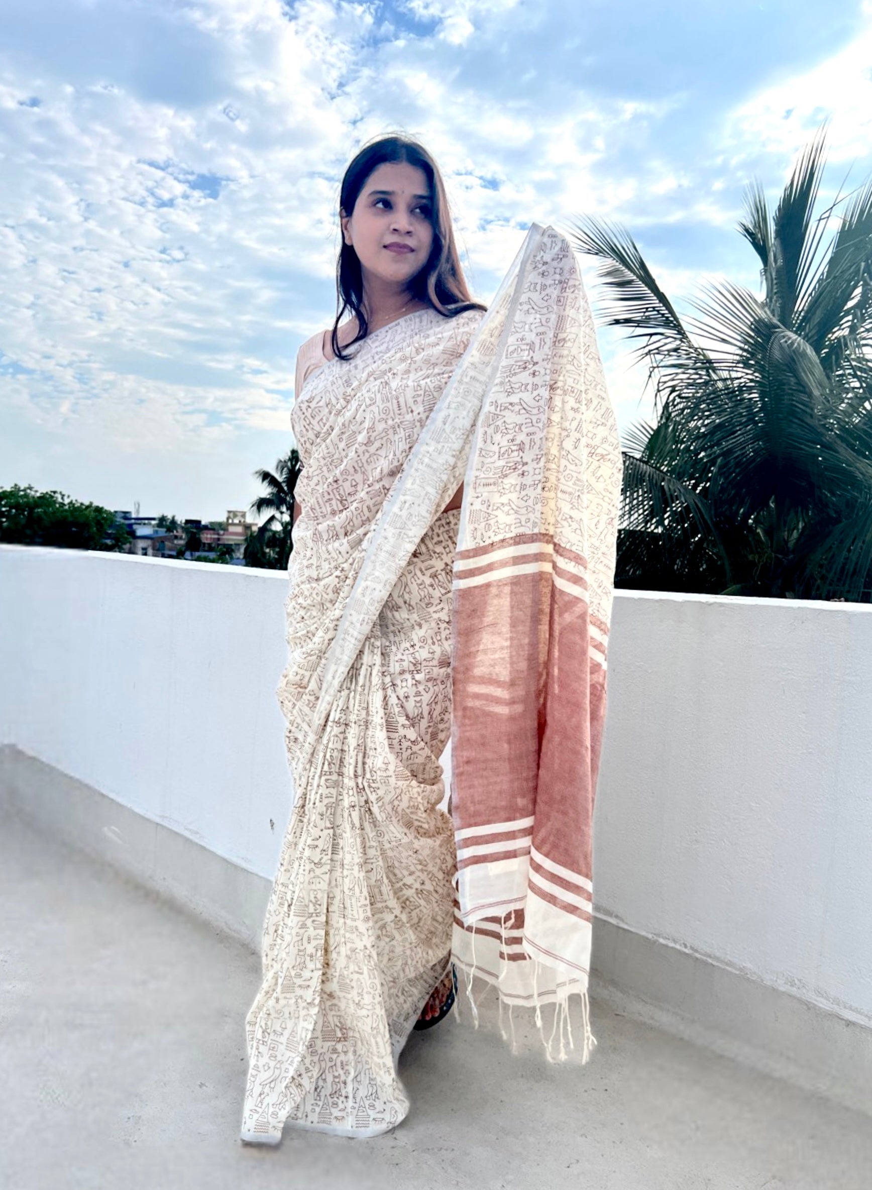 Off white soft and comfortable khadi cotton saree printed by Shopaame