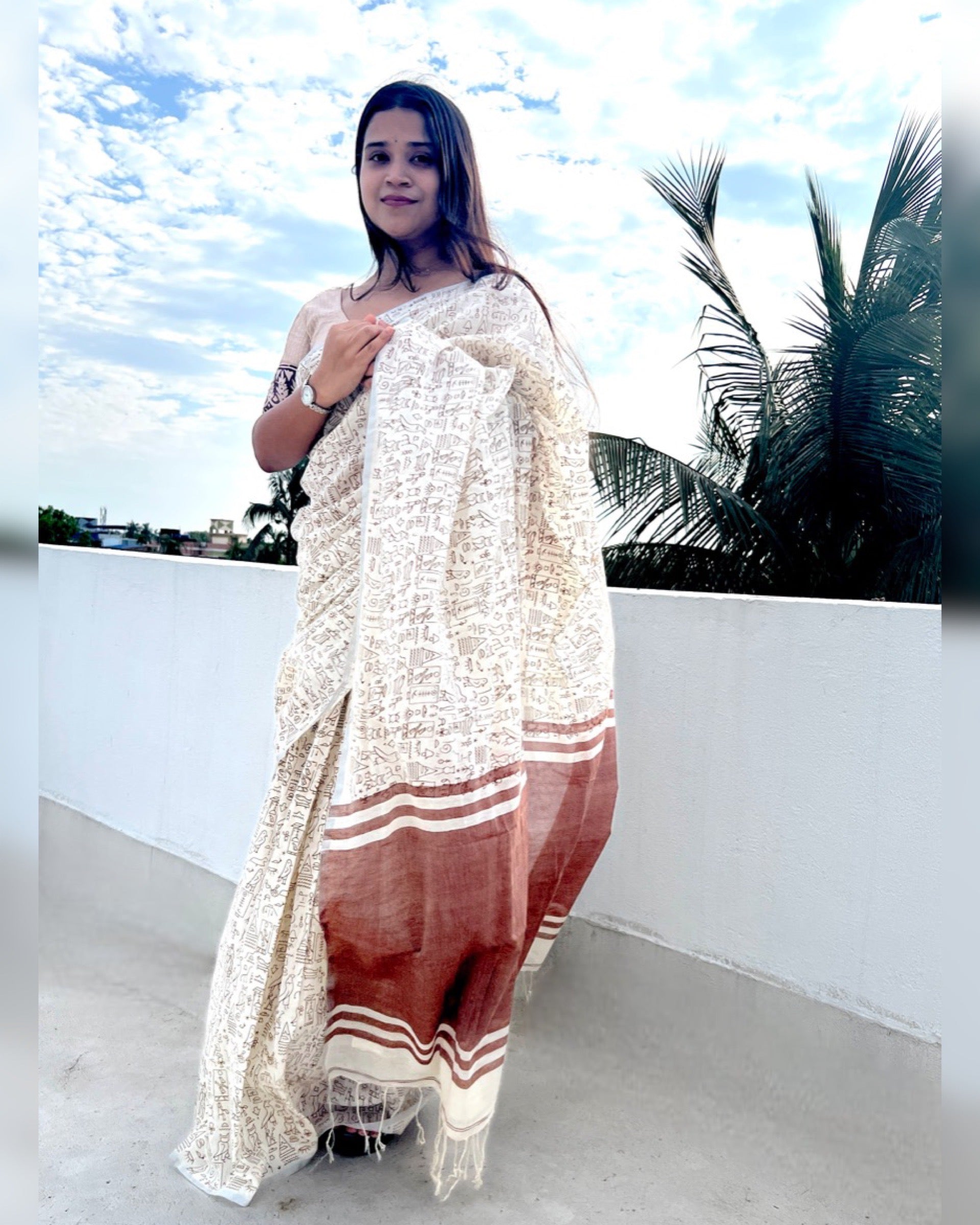 Off white soft and comfortable khadi cotton saree printed in brown itsy bitsy patterns by Shopaame
