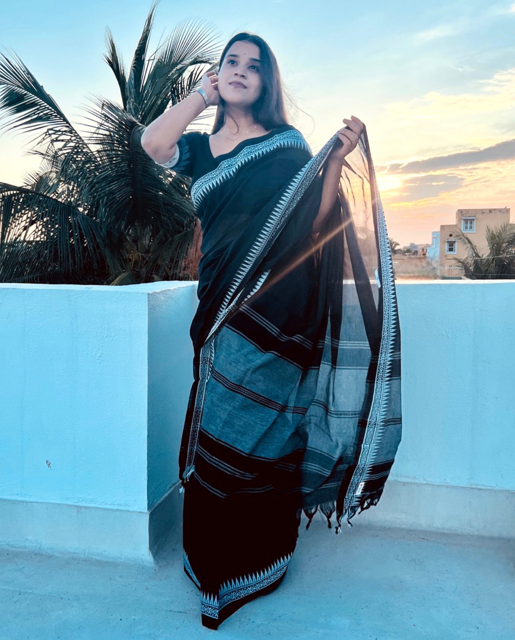 Black and white cotton handloom saree by Shopaame with begumpuri and Dhaniakhali patterns