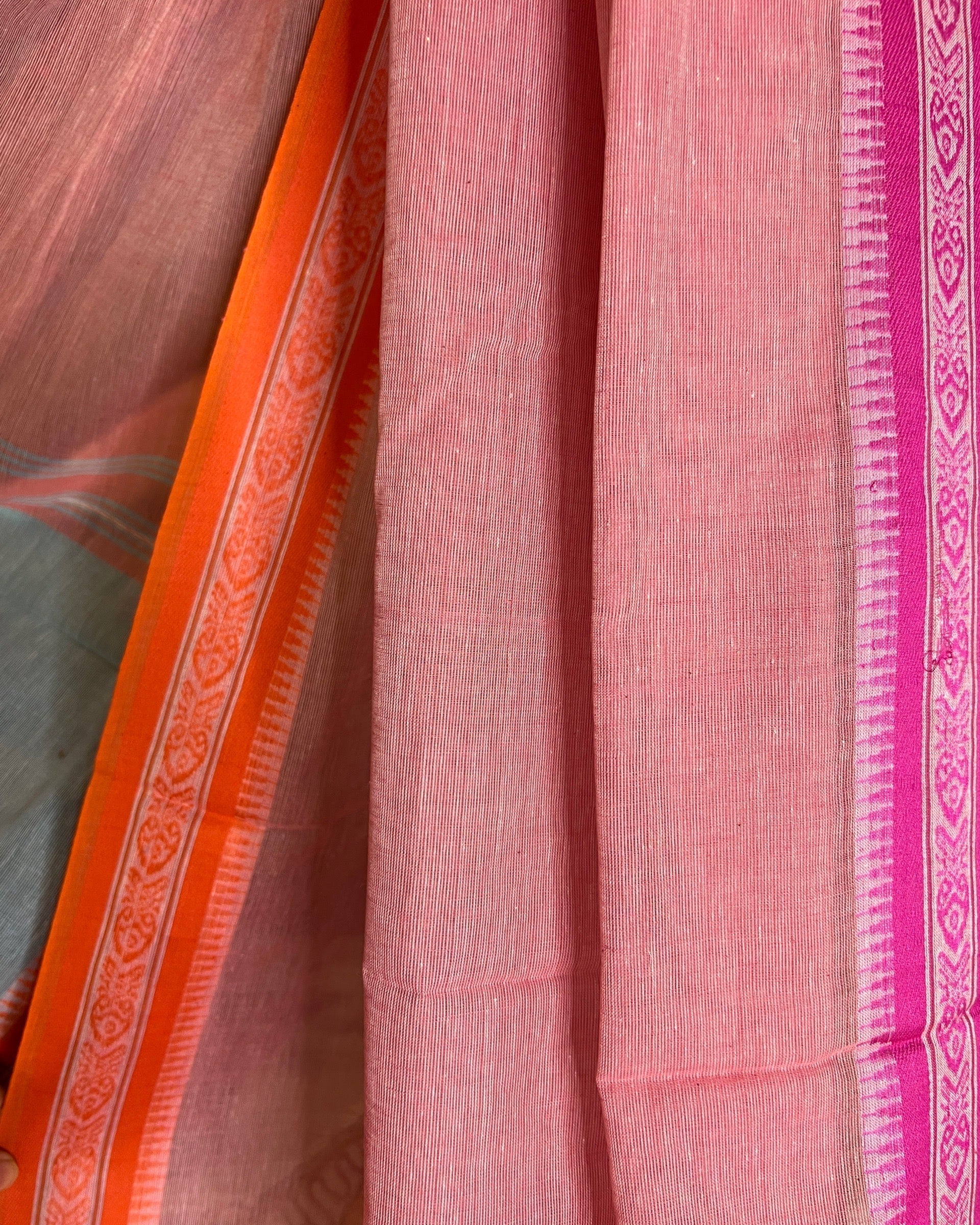 Soft and Comfortable Pink Cotton Saree with Orange and Pink Ganga Jamuna Begumpuri border and Dhaniakhali Aanchal