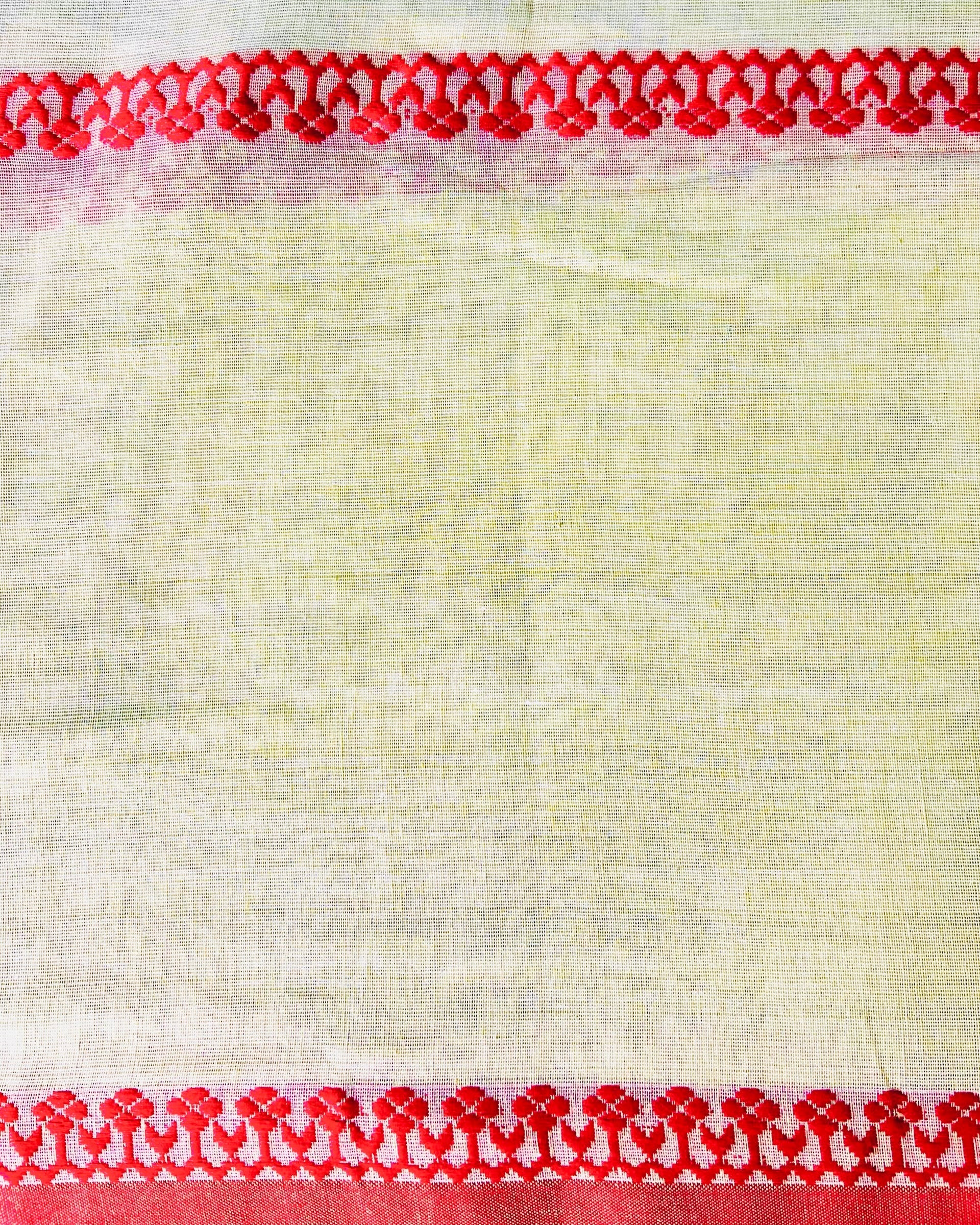 Soft and comfortable red and green khadi cotton saree for Durga Puja/Summer