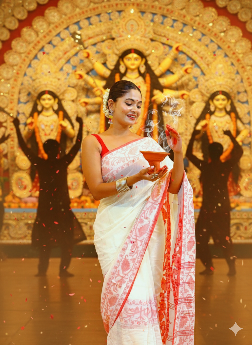 Designer white red khadi cotton saree for Durga Puja and traditional celebrations