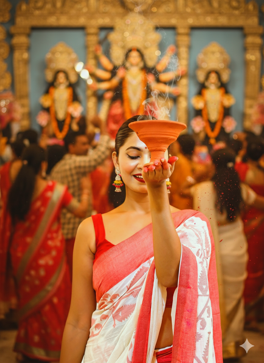 White red khaadi cotton saree with traditional Bengali festive elegance