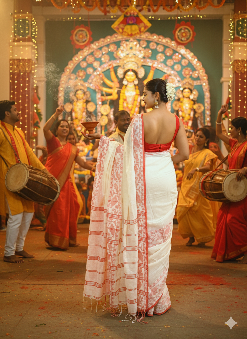 Designer white red khadi cotton saree for Durga Puja
