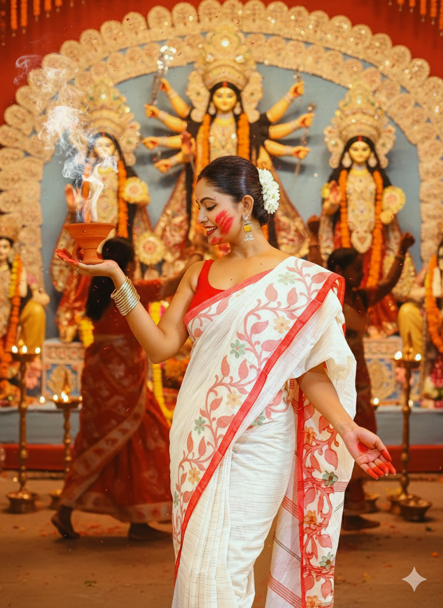 Woman in a white mulmul cotton saree with red patterns in front of a decorated backdrop with deities