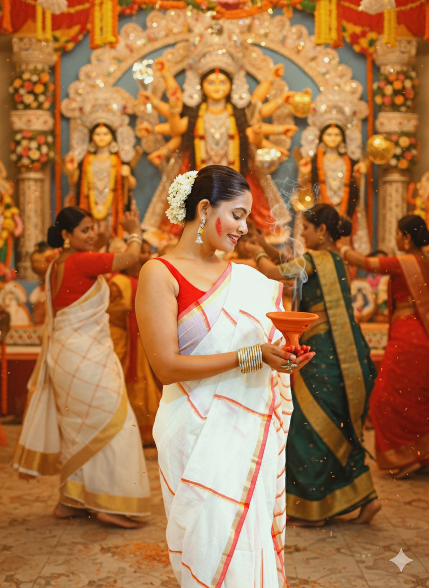 Shop AaMe Bijoya mulmul saree in white and red cotton for Durga Puja