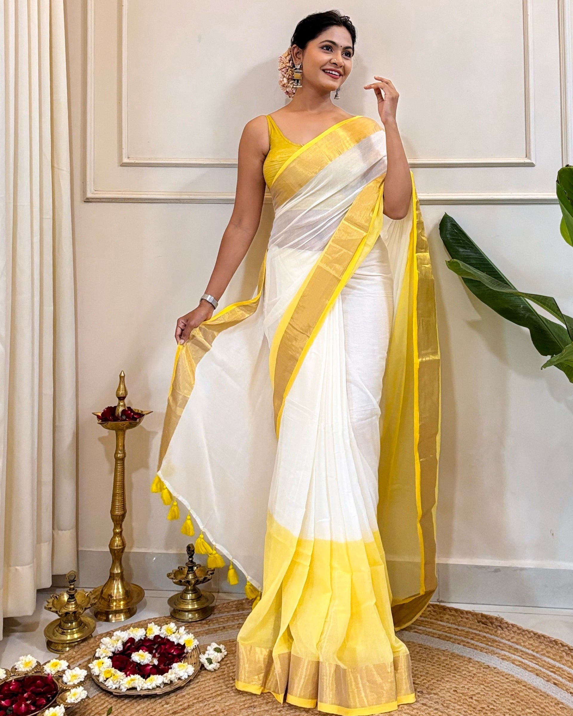 Golden Lily White and Gold Border Onam Mulmul Cotton Saree by Shop AaMe
