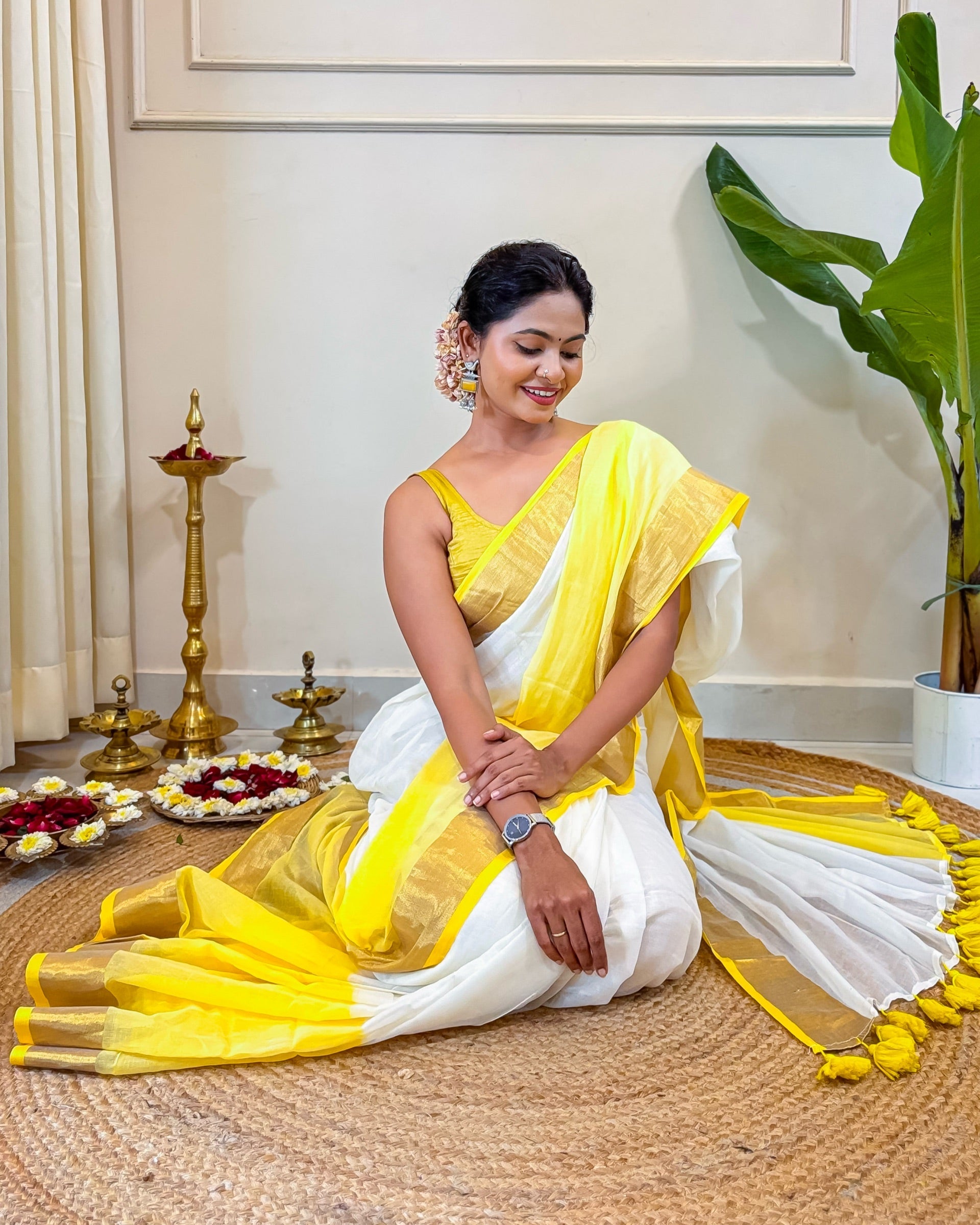 Shop AaMe Golden Lily saree in feather-light white mulmul cotton for Onam celebrations