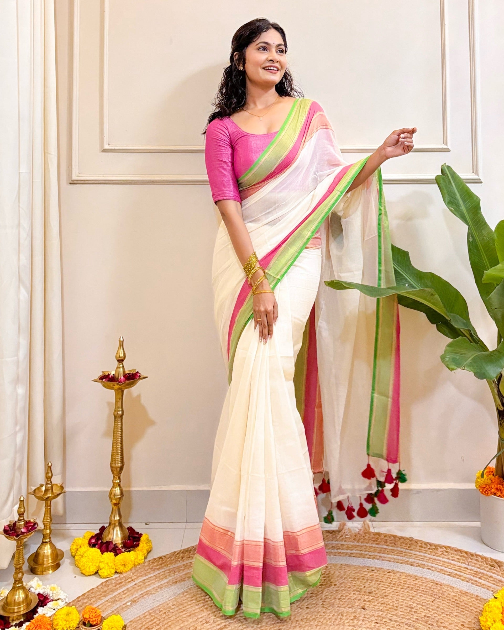 Shop AaMe Ponnonam Pookal saree in ultra-soft white mulmul cotton