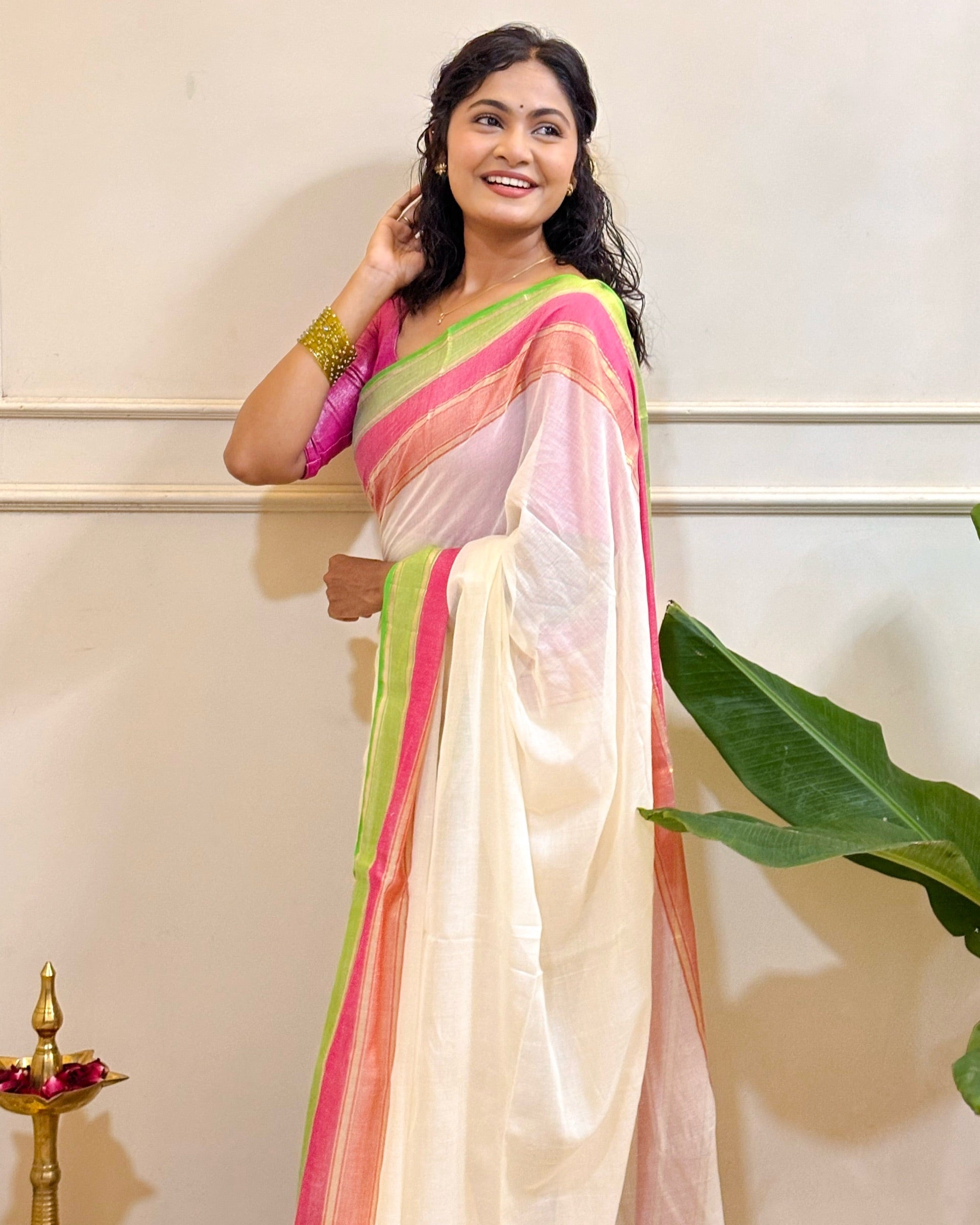 Ponnonam Pookal Onam White Mulmul Cotton Saree by Shop AaMe