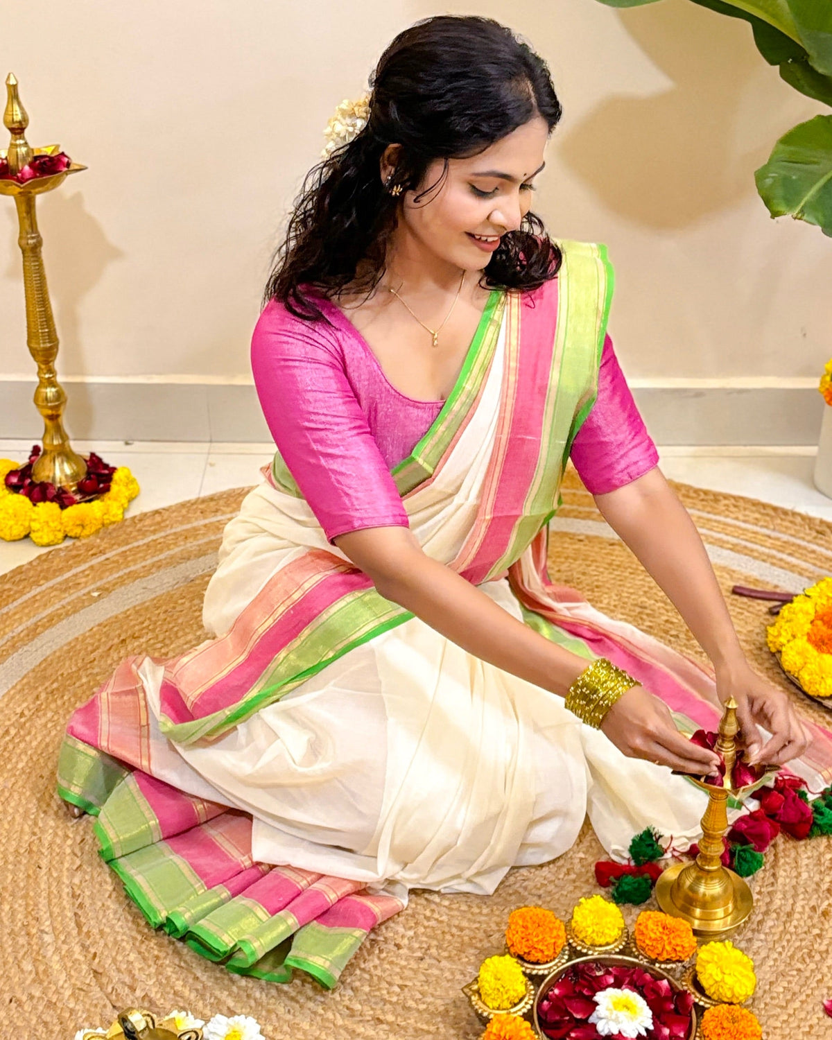 Ponnonam Pookal Onam White Mulmul Cotton Saree from Shop AaMe