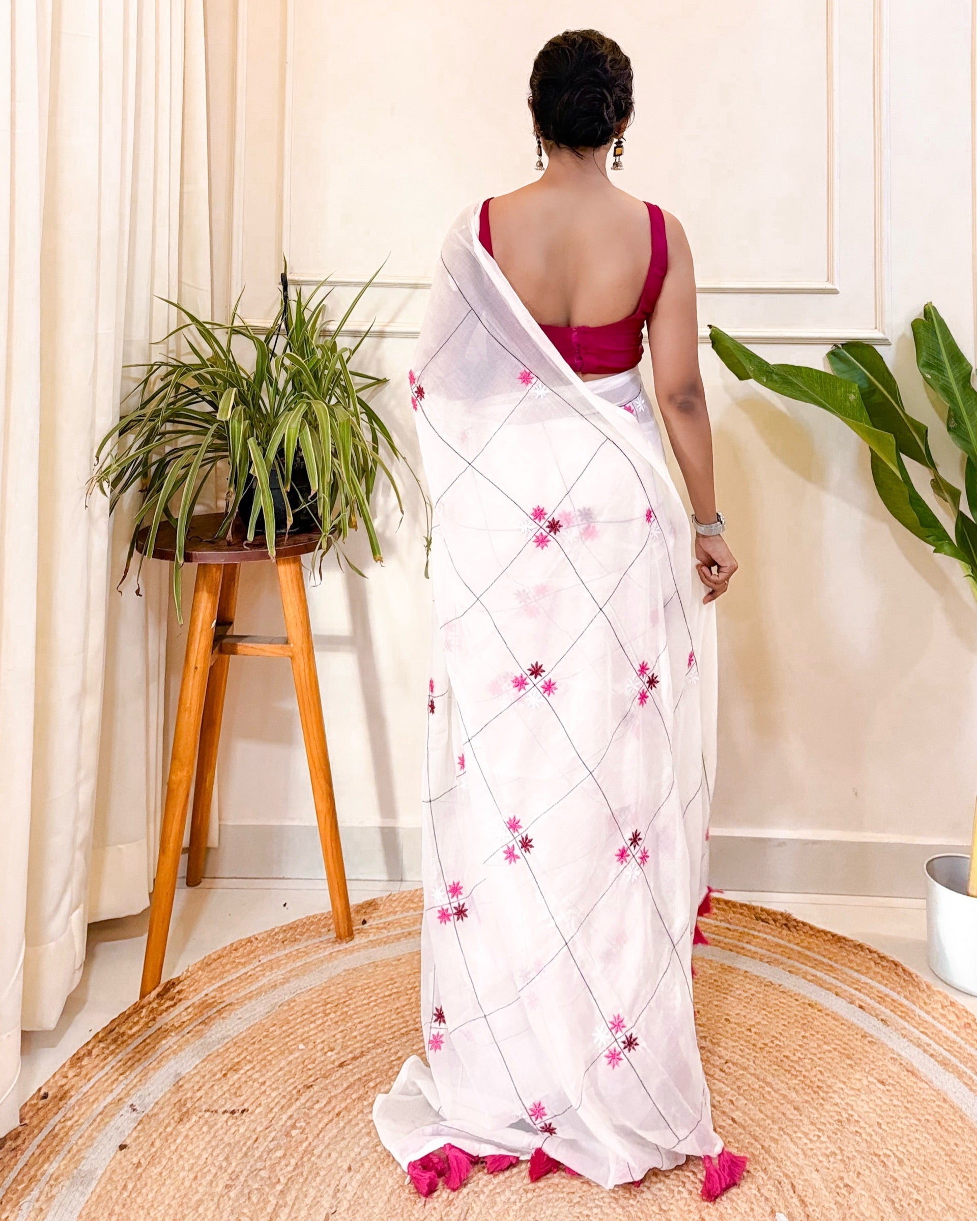Poovili White Onam Floral Mulmul Cotton Saree by Shop AaMe