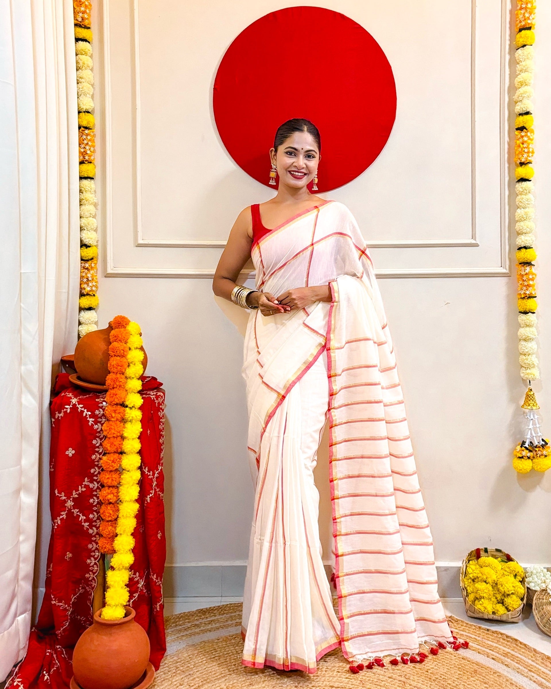 Laal Sada Durga Pujo Saree, Lal Paar Sada , Jamdani cotton saree, Red, White