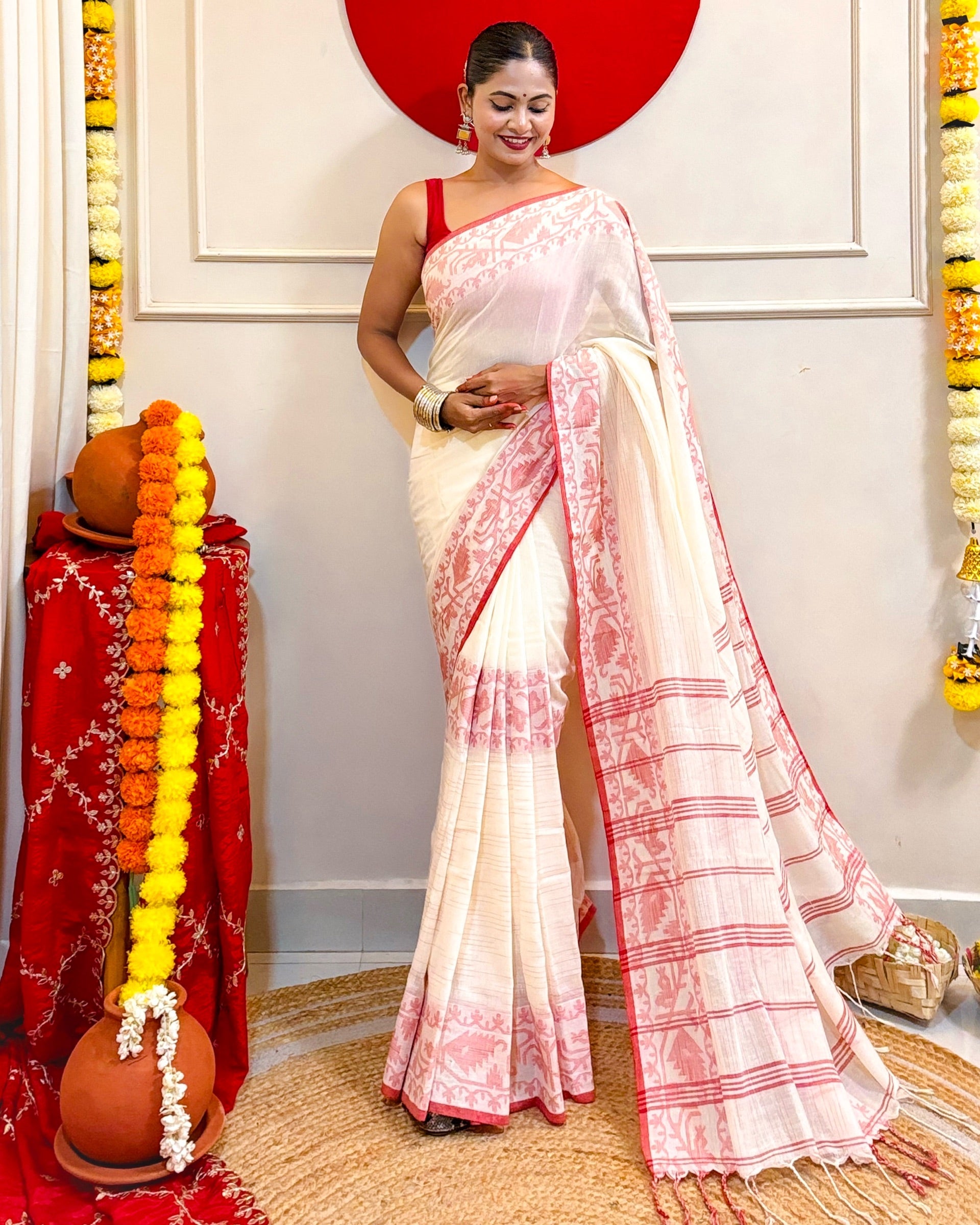 Aabha white red khadi saree crafted for festive Bengali elegance