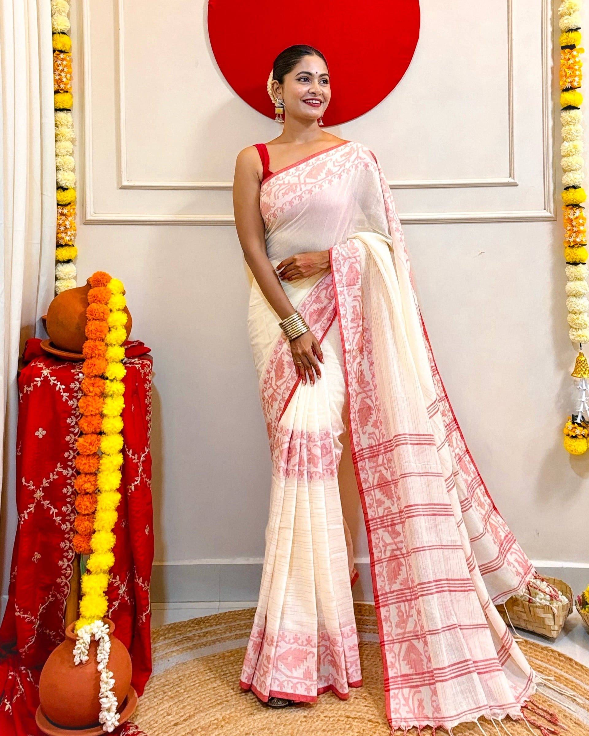 Shop AaMe Aabha saree in breathable khadi cotton for Durga Puja