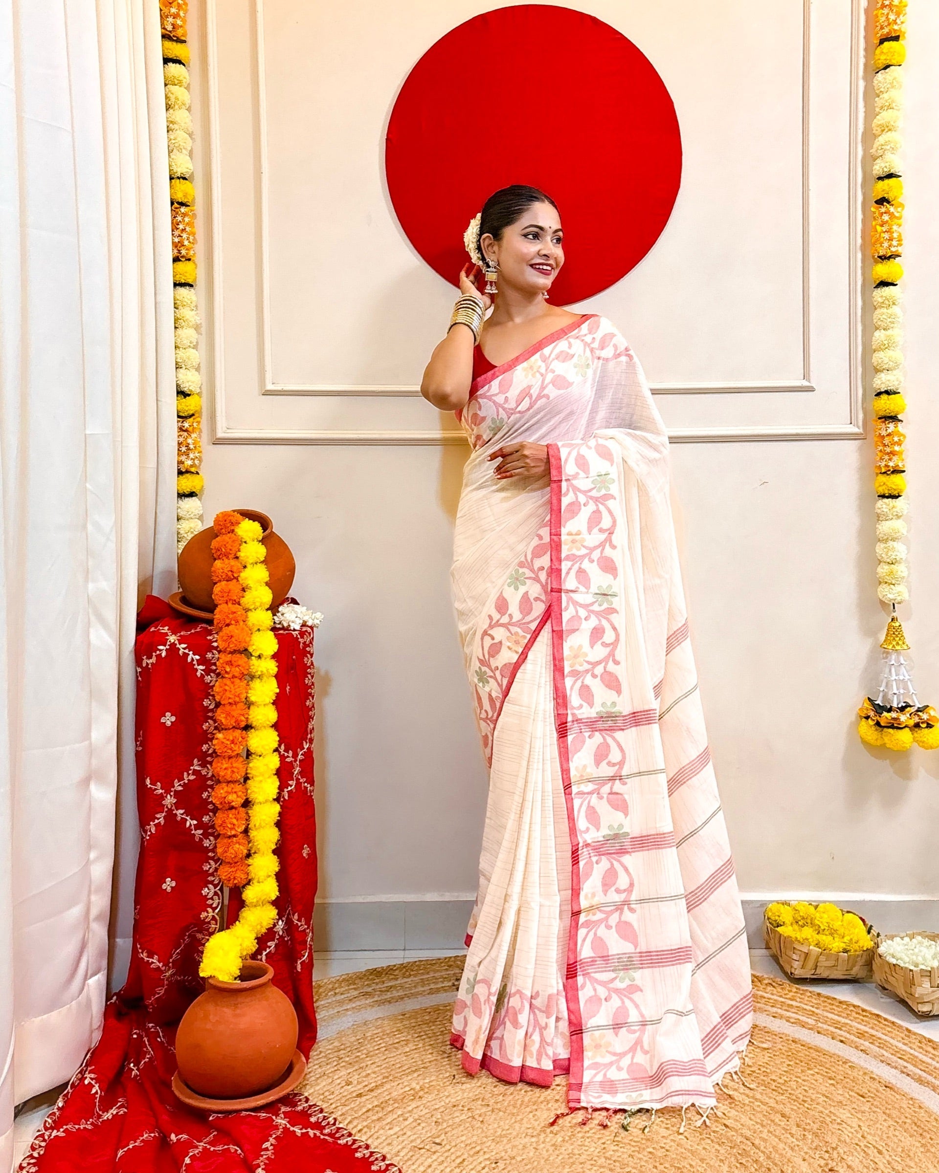 Sati Laal Paar Sada White Red mulmul Cotton Saree by Shop AaMe