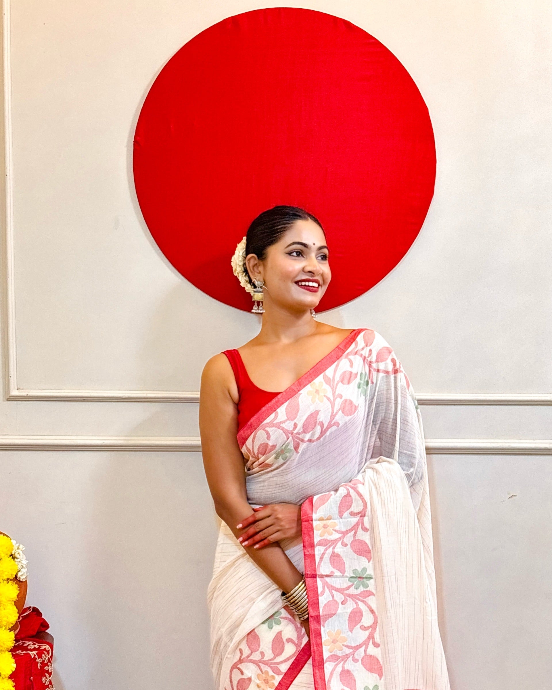 Shop AaMe Sati mulmul cotton saree in classic Laal Paar Sada style for Durga Puja