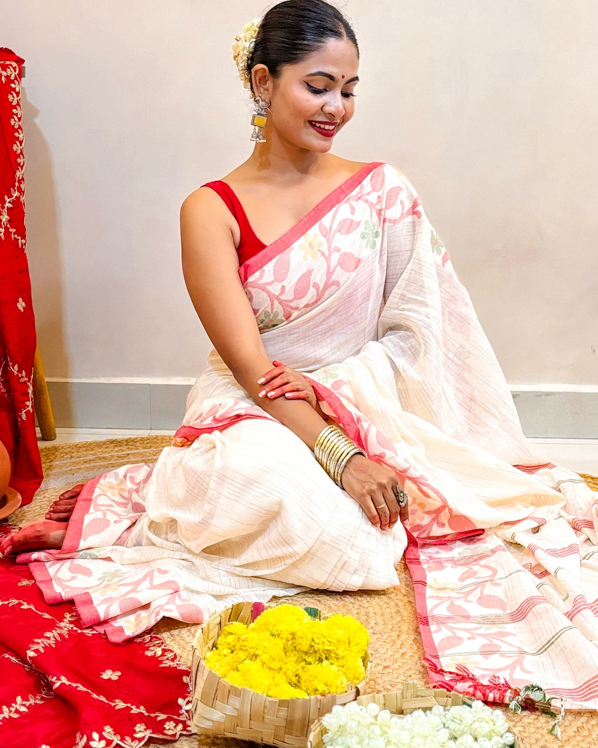Designer white red mulmul cotton saree for Durga Puja and traditional celebrations