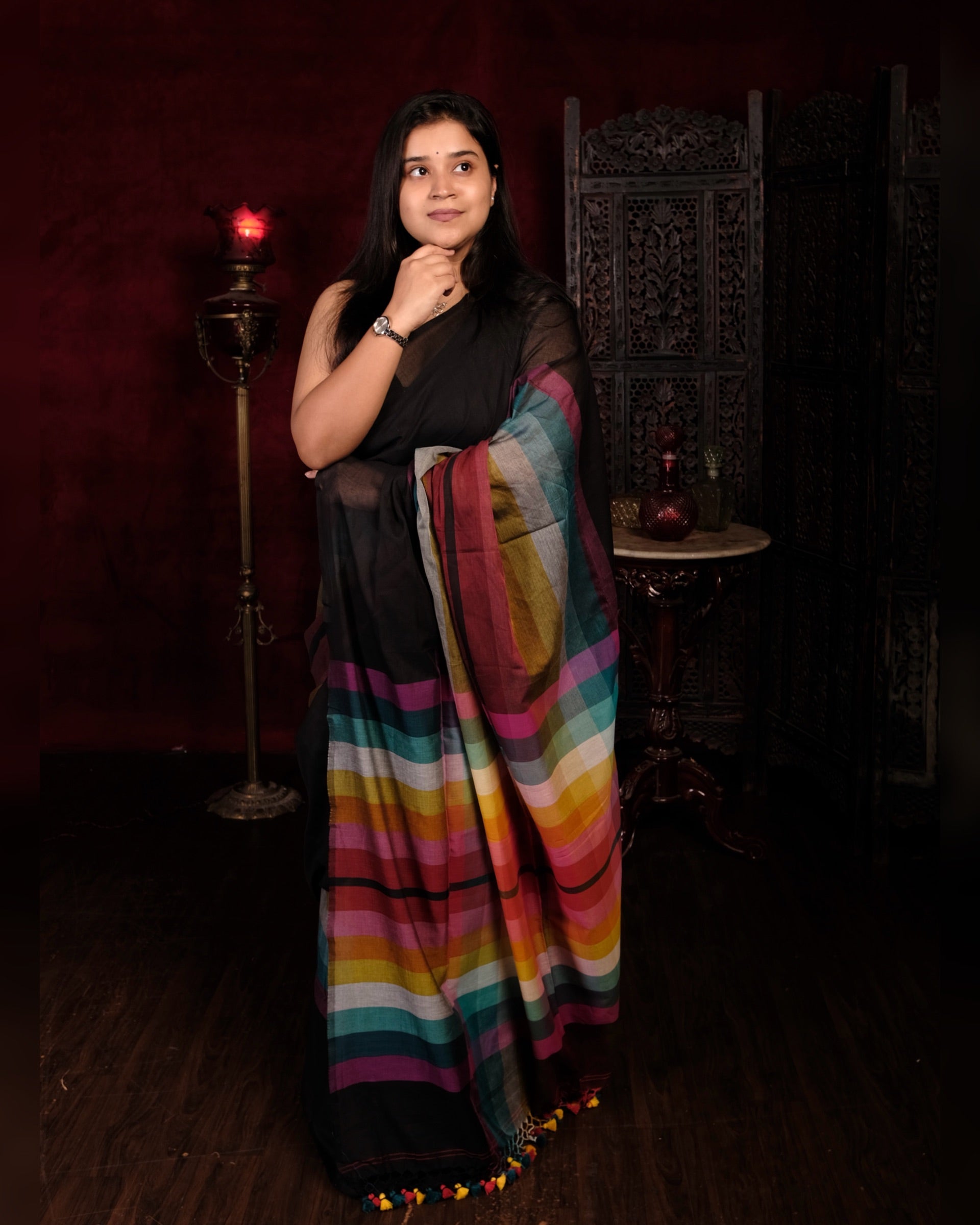 Multicolored mulmul cotton saree with vibrant patterns by Shop AaMe
