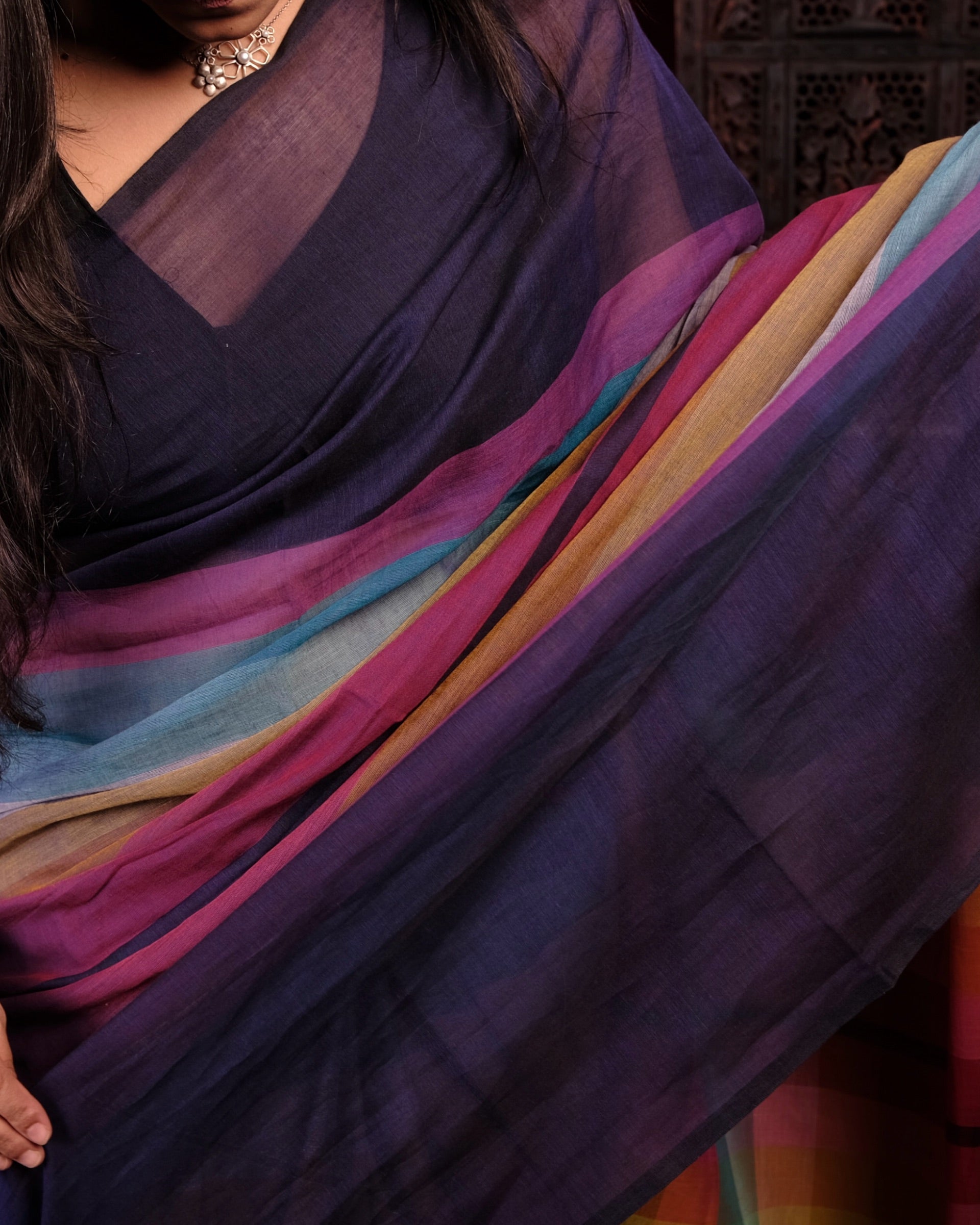 Blue and multicolored Mercerised cotton designer saree for summer festivities
