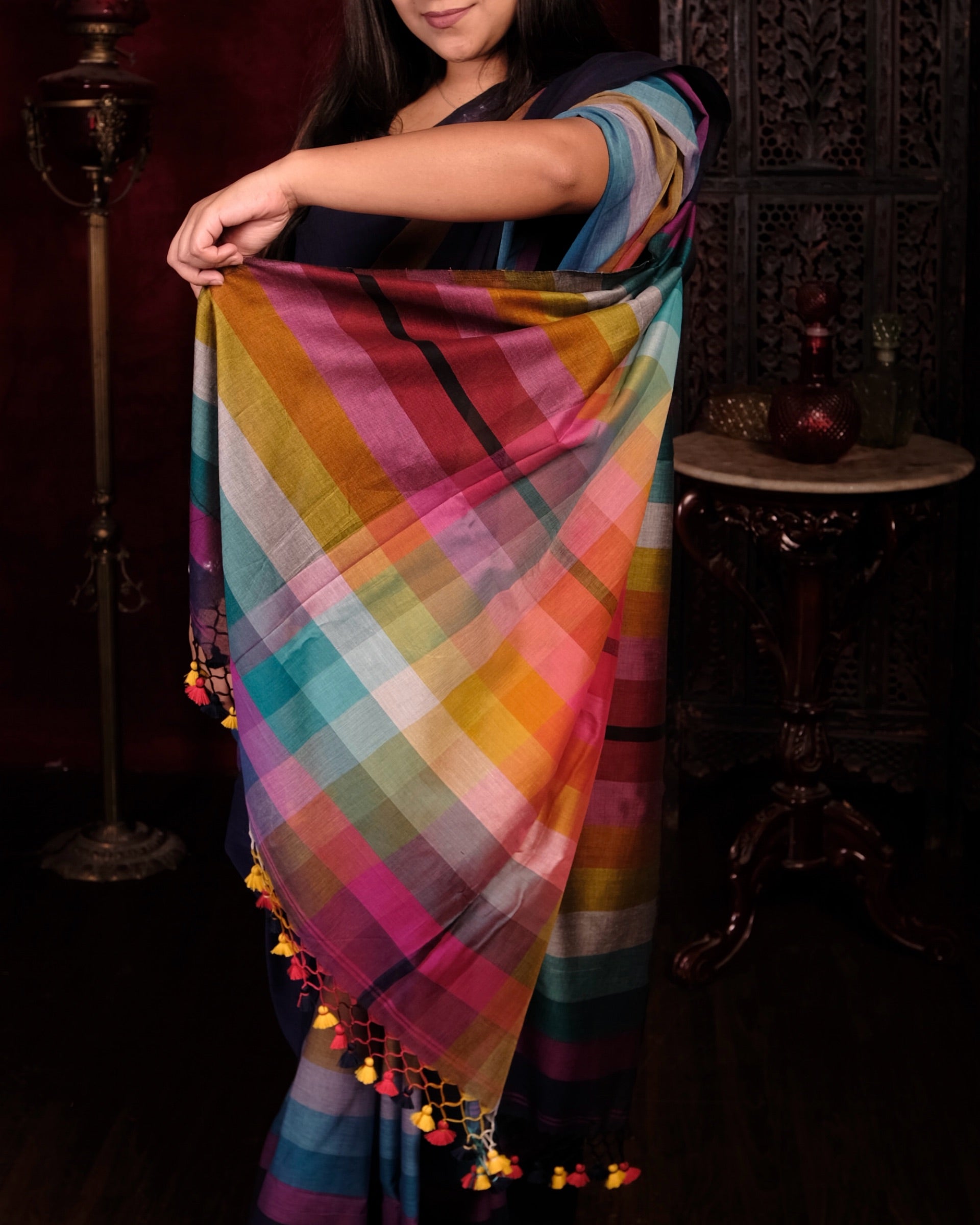 Blue and multicolored Mercerised cotton designer saree for summer festivities