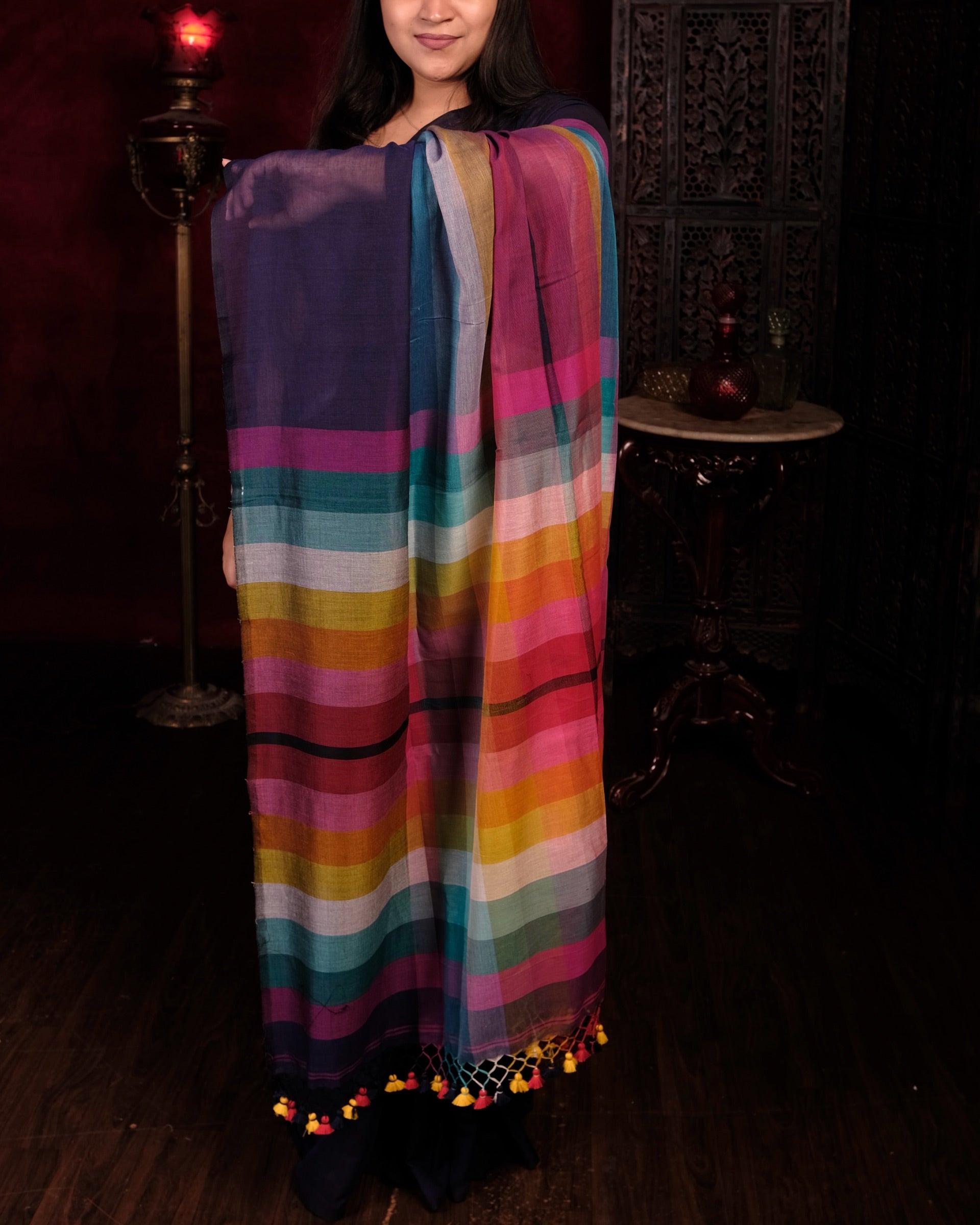 Blue and multicolored Mercerised cotton designer saree for summer festivities