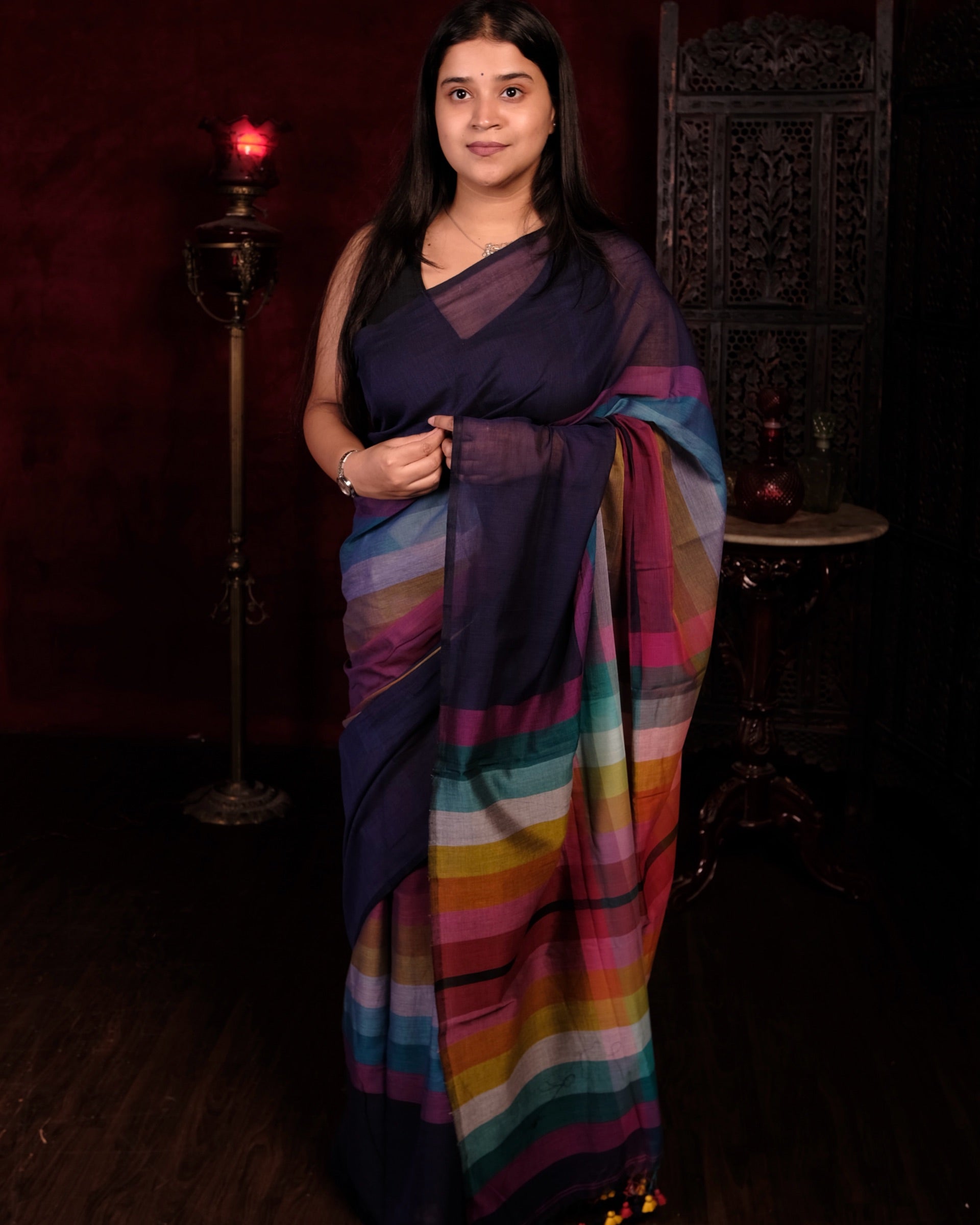Blue and multicolored Mercerised cotton designer saree for summer festivities