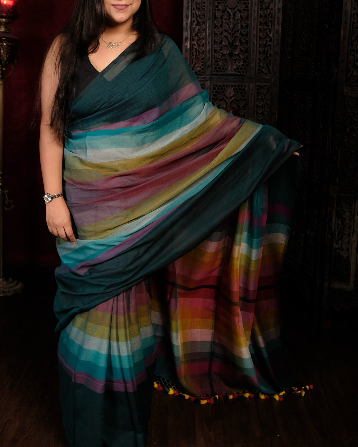 Shop AaMe The Green Prism saree in soft multicolored mulmul cotton