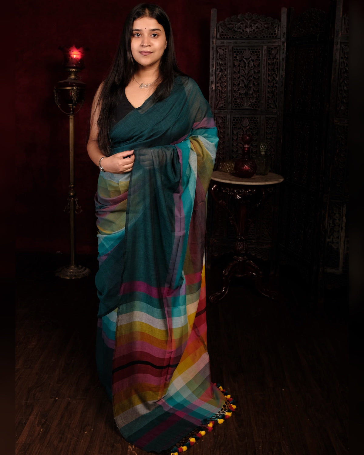 Multicolored mulmul cotton saree with refreshing green tones by Shop AaMe