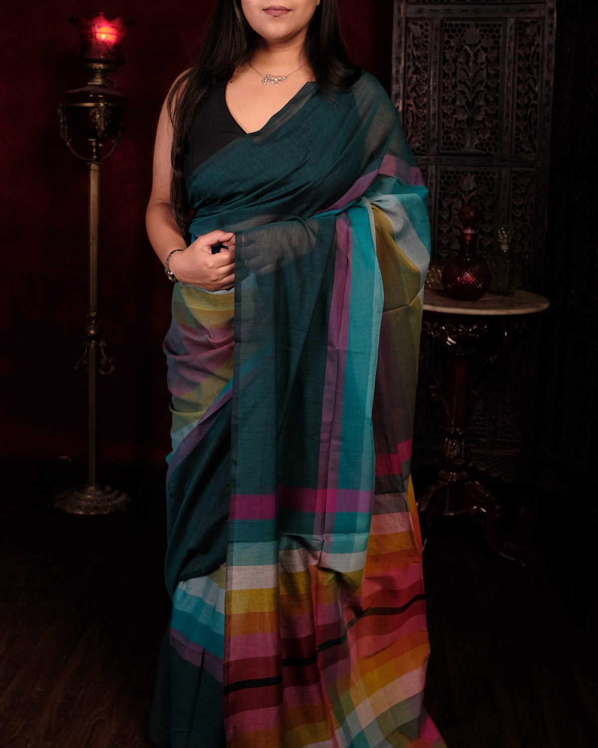 Multicoloured mulmul cotton saree for festive looks by ShopAaMe