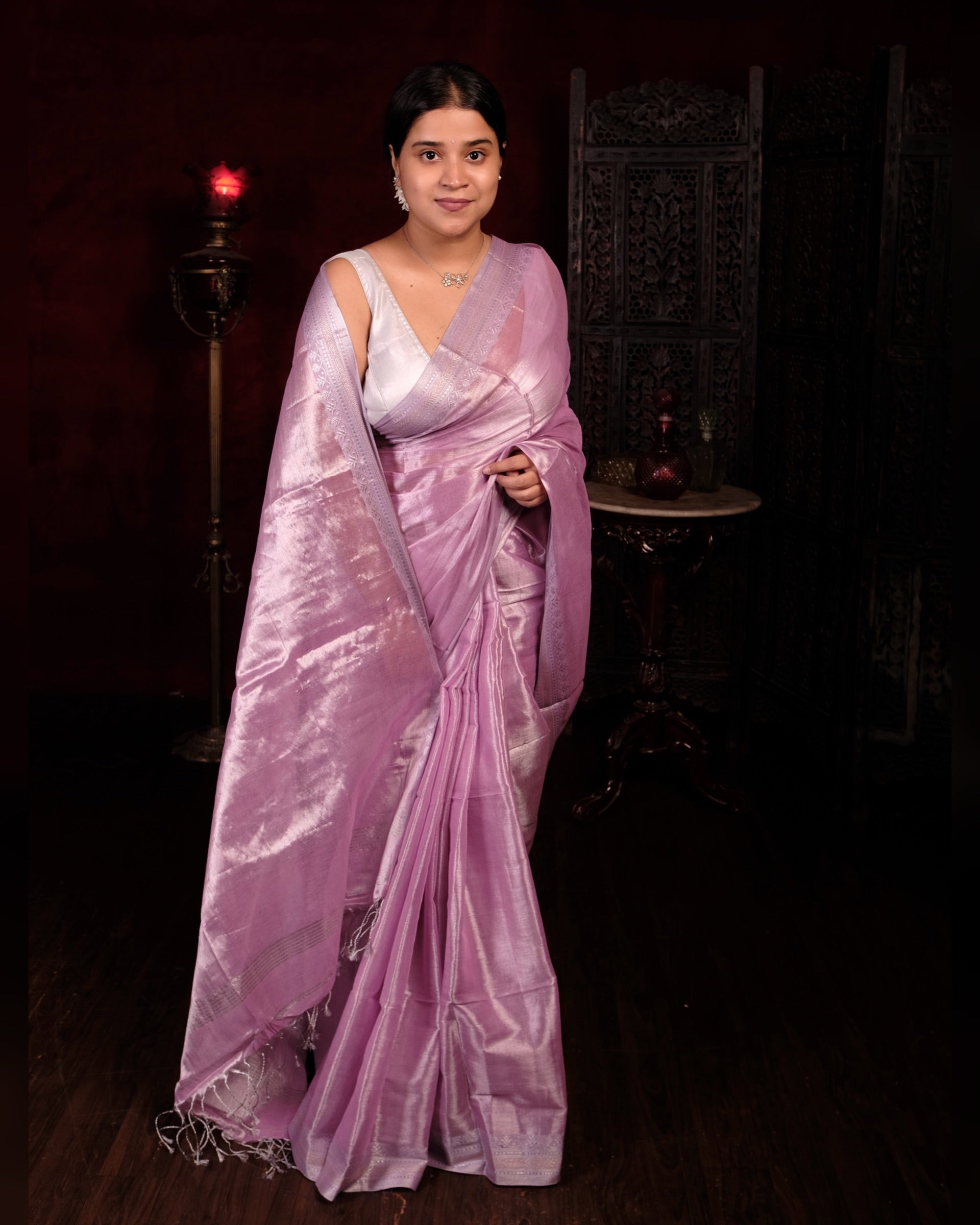 Bahar Pink Mulmul Tissue Saree with lightweight festive drape by Shop Aame