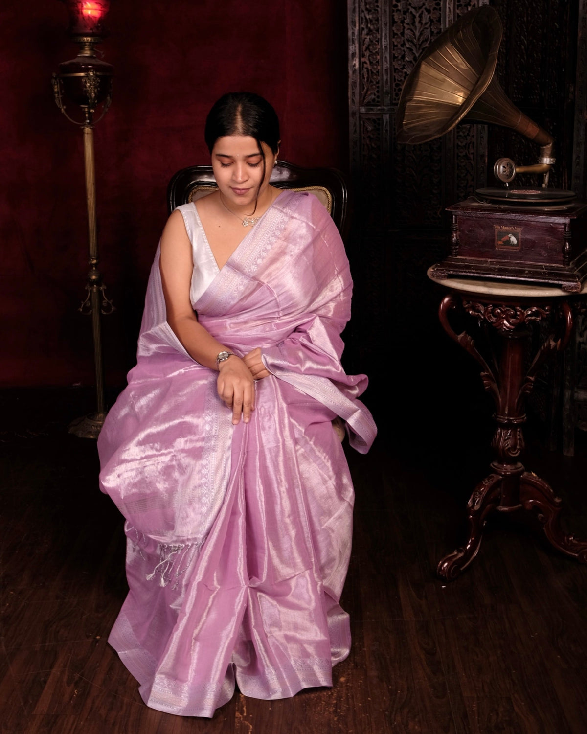 Bahar pink tissue saree crafted in mulmul fabric with graceful festive appeal