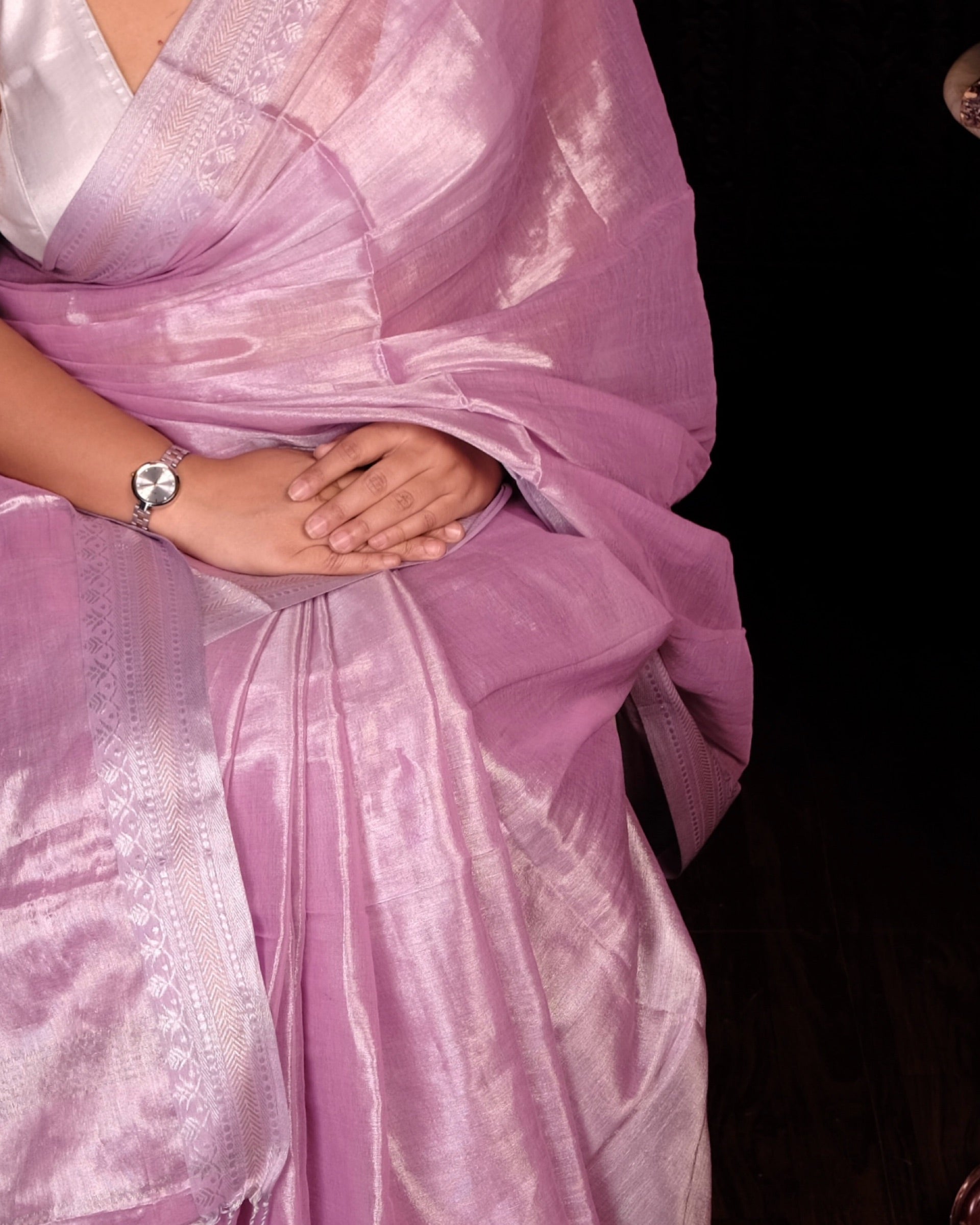 Shop Aame Bahar saree in soft pink mulmul tissue fabric for celebrations