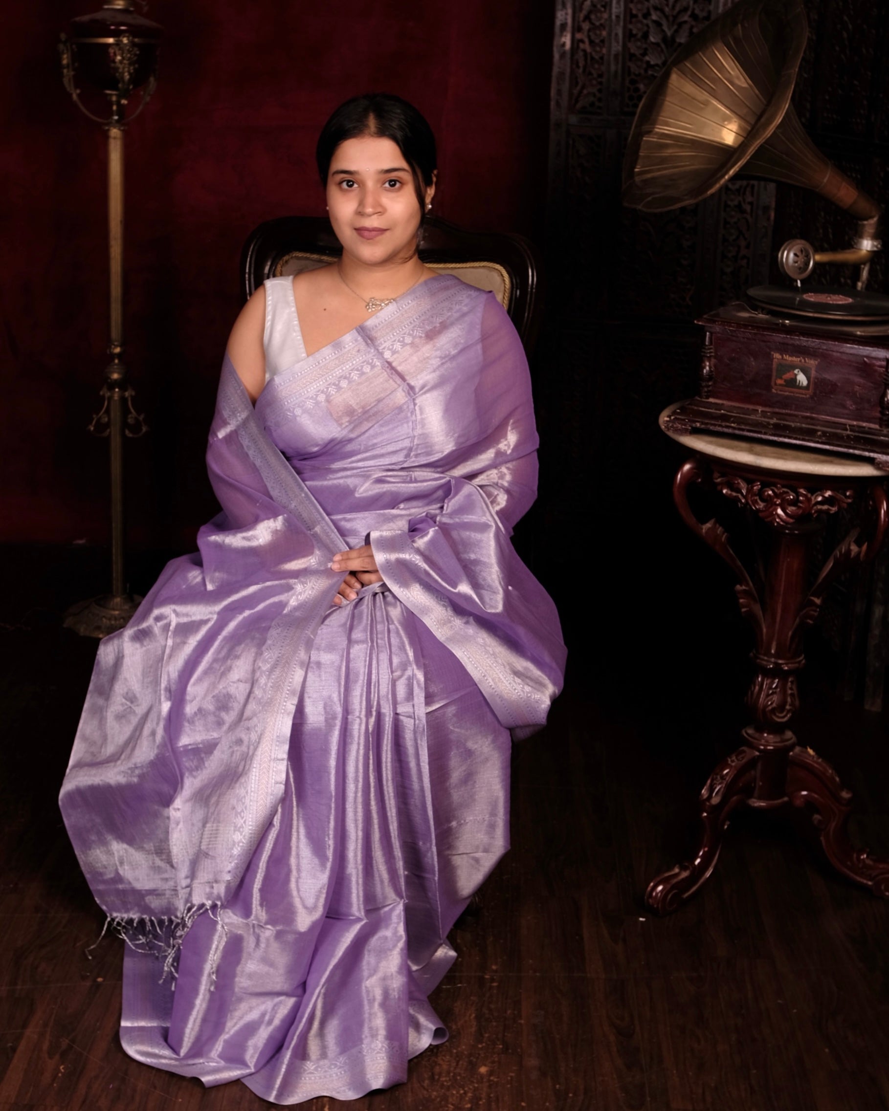 Lavender festive saree featuring soft mulmul cotton tissue fabric and silver detailing