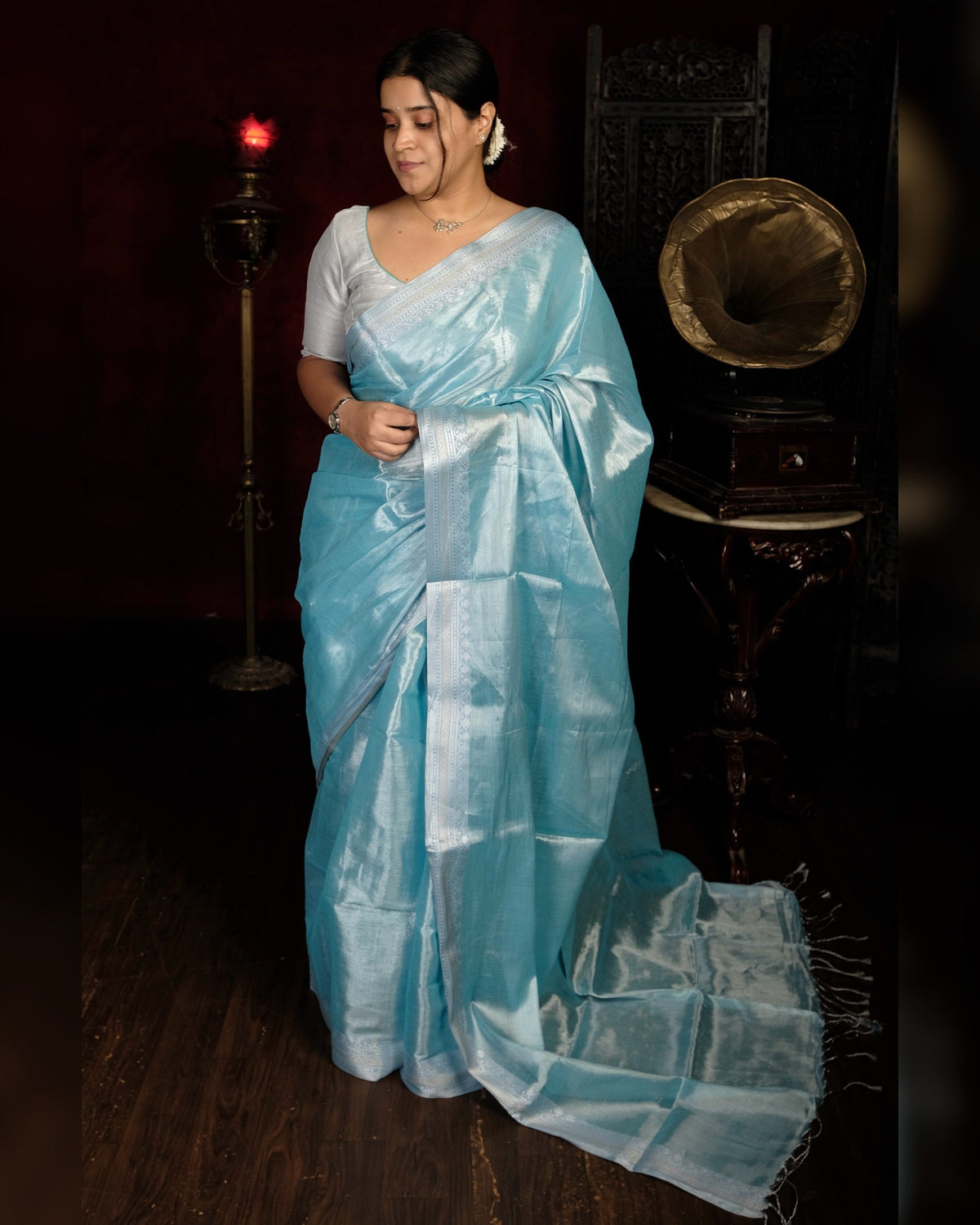 Blue Viral mulmul cotton tissue saree for festivities with silver border.