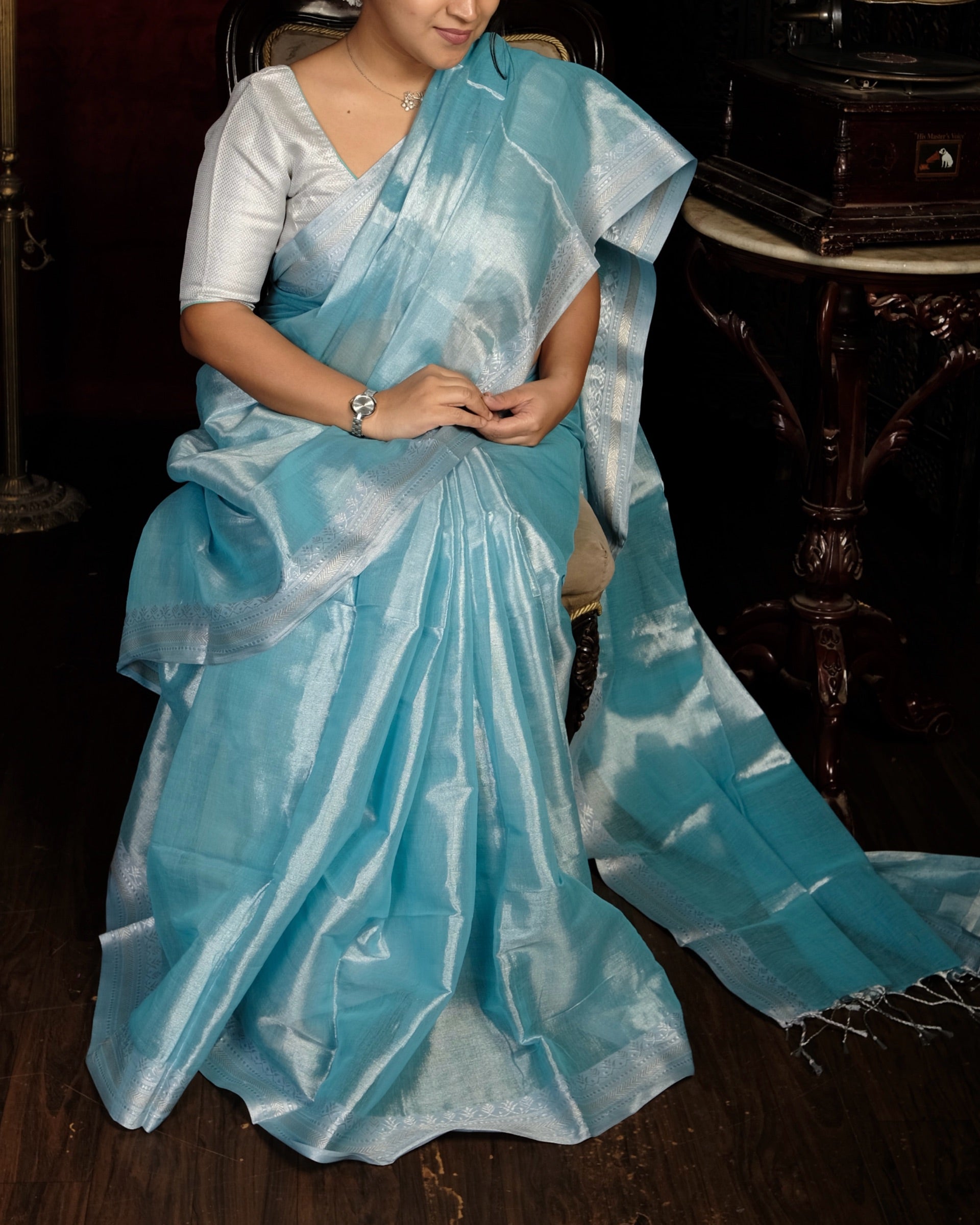 Asmaani designer tissue saree in blue with running blouse piece for celebrations
