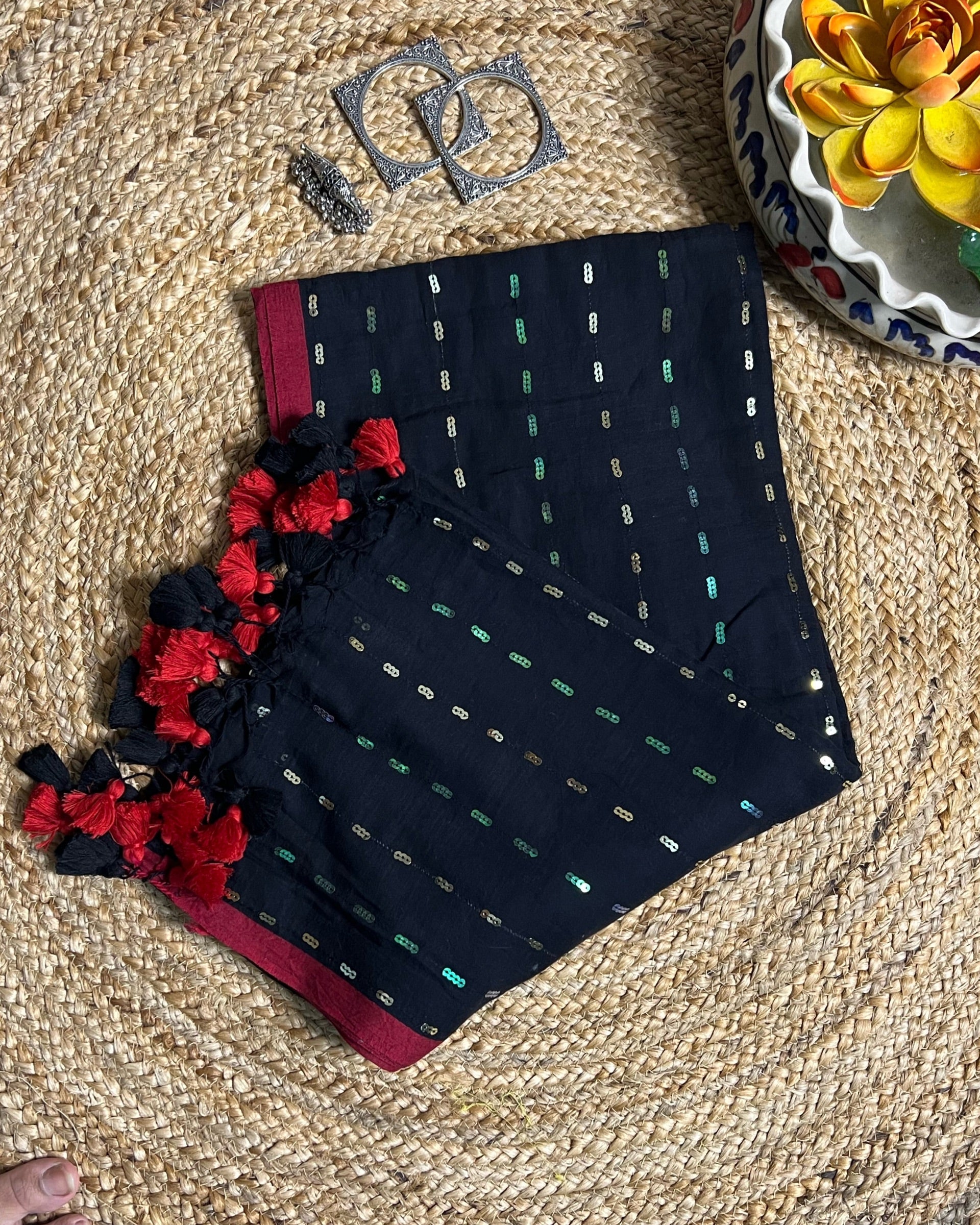 Kohl Magique Black Sequins Embellished Mulmul Cotton Designer Saree by Shop AaMe